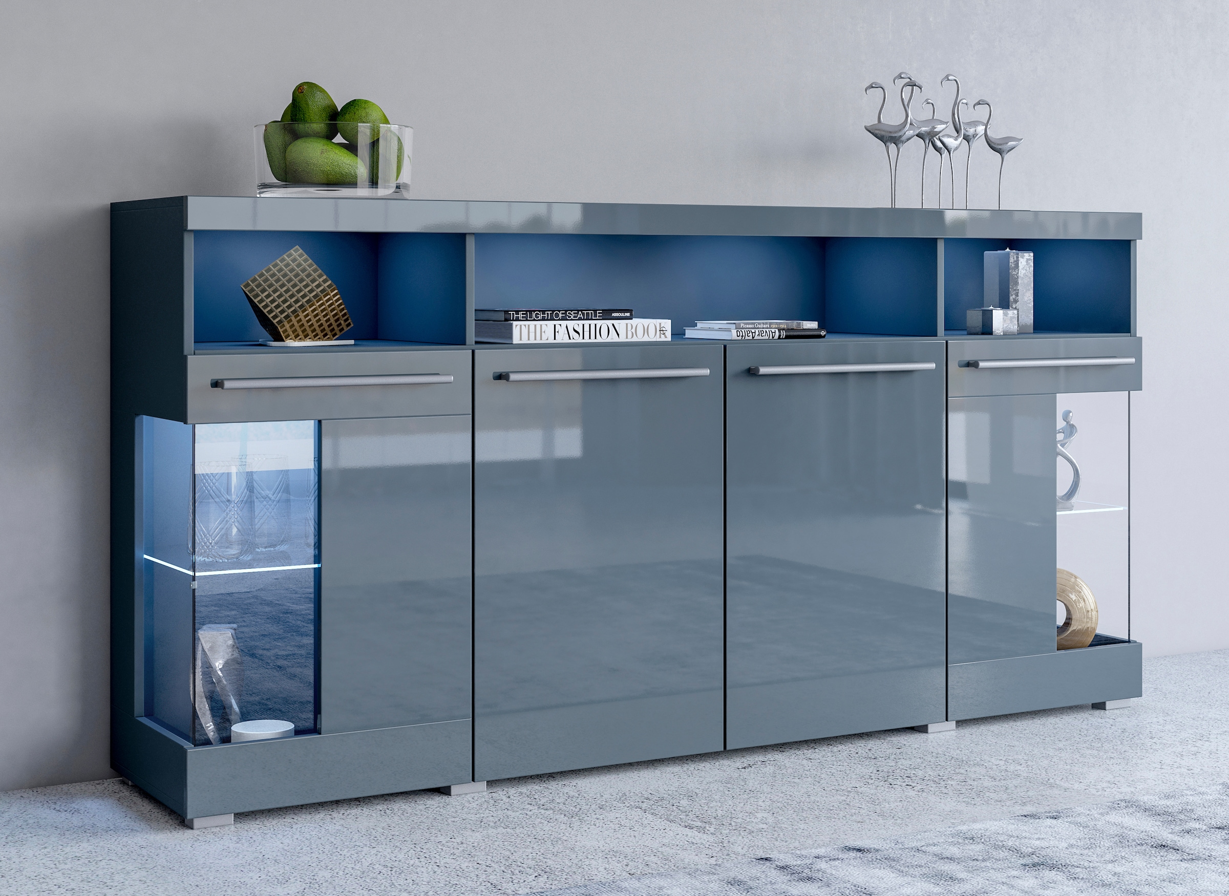 INOSIGN Sideboard »India,Breite 182cm, stilvolle Kommode mit Glastüren«, Kombikommode viel Stauraum, Einlegeböden verstellbar,ohne Beleuchtung