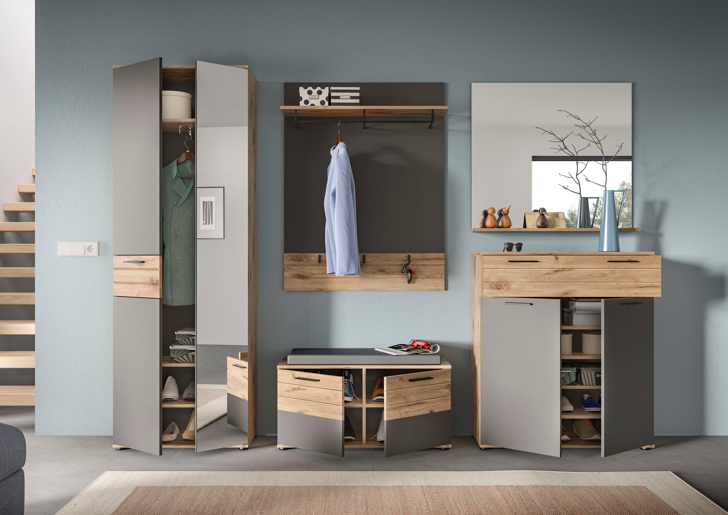 INOSIGN Garderoben-Set »Riga, Breite 175 cm, hochwertige Rillenfräsung, 3-teilig, best. aus:«, (Set, 3 St.), Garderobenschrank, Sitzbank, Paneel