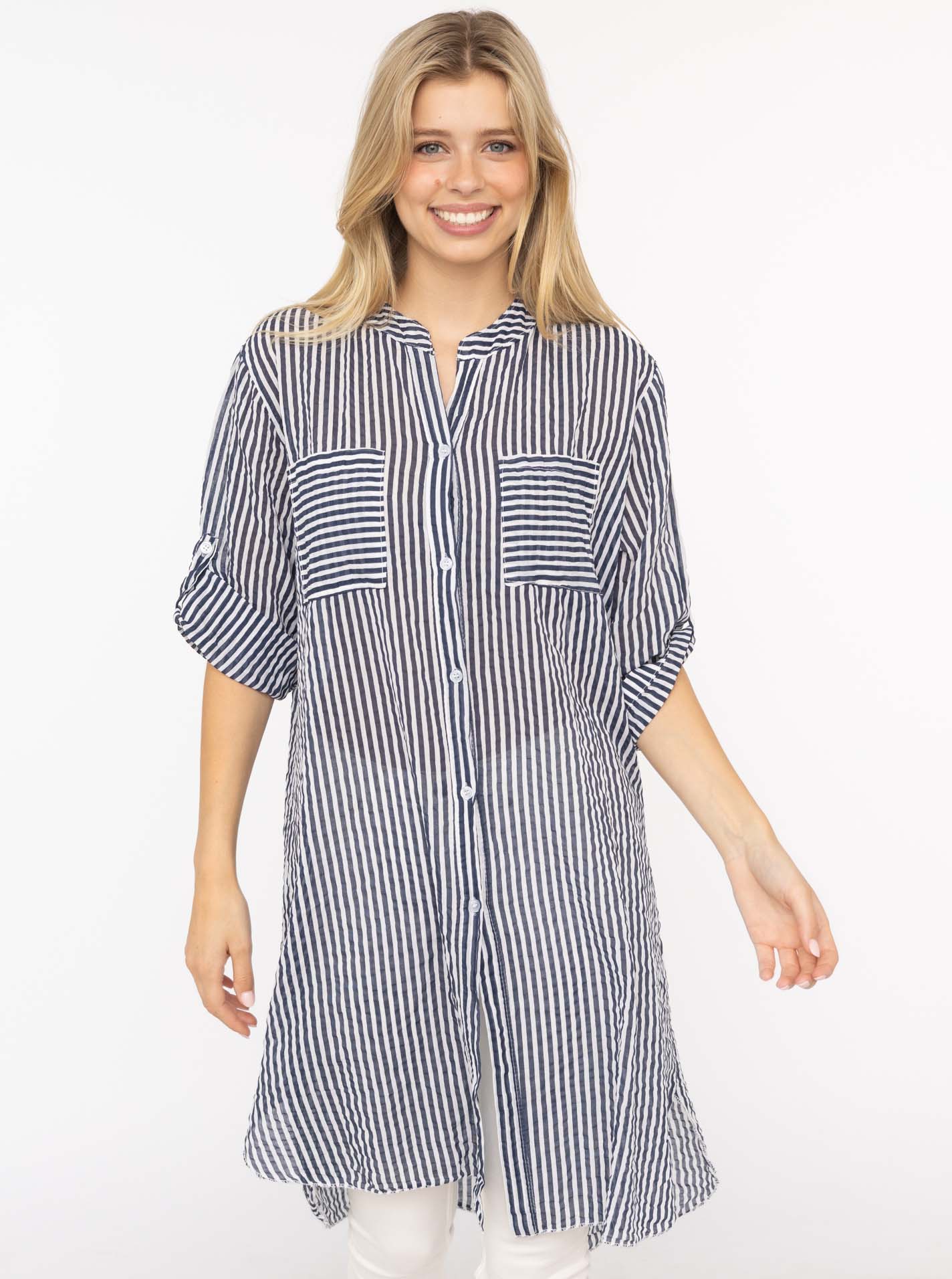 Zwillingsherz Longbluse ""Kida"" One Size, Streifen, Knopfleiste, Brusttaschen, 3/4-Arm