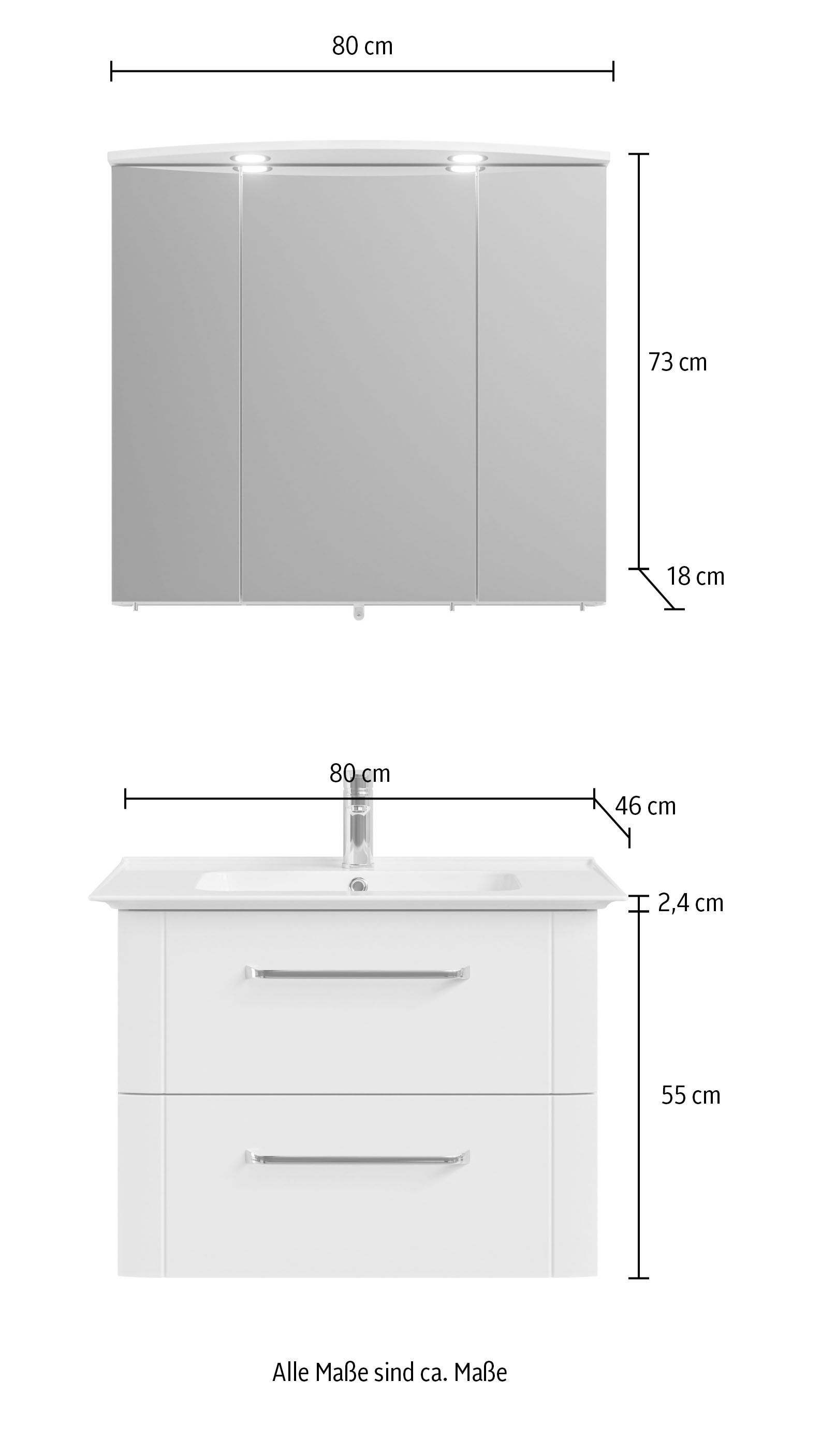 Saphir Badmöbel-Set »Badmöbel-Set Serie 3006 2-teilig Keramik-Waschtisch mit Spiegelschrank«, (3 St.), Badezimmer Set 80 cm breit, inkl. Türdämpfer, 3 Türen, 2 Schubladen