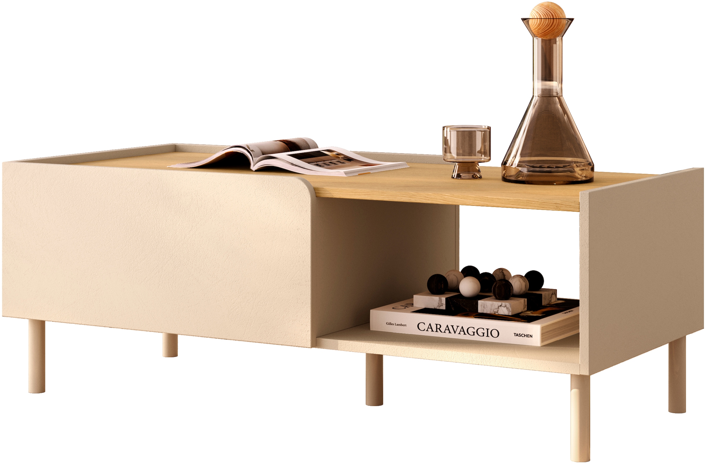 OTTO home Couchtisch »Dobbiaco 112x54 cm Korpus-Couchtisch, 2 Klappen, offenes Fach« Rechteckiger Wohnzimmertisch mit flexiblem Stauraum & Metallfüßen