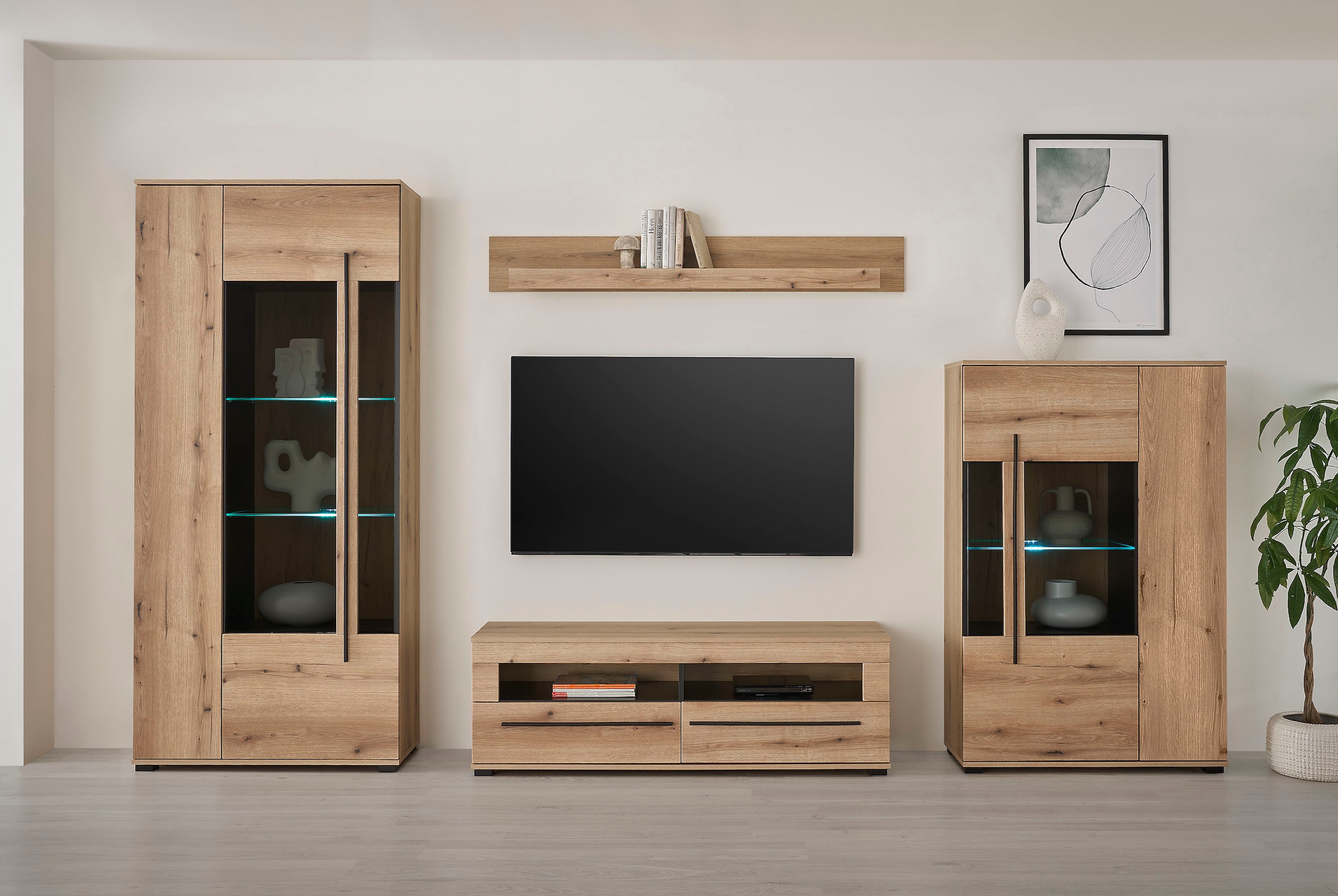 INOSIGN Wohnwand »Cantara, moderne Anbauwand, Wohnzimmer-Set, in Eiche Evoke oder Weiß«, (Set), enthält zwei Vitrinen, ein Lowboard und ein Wandboard