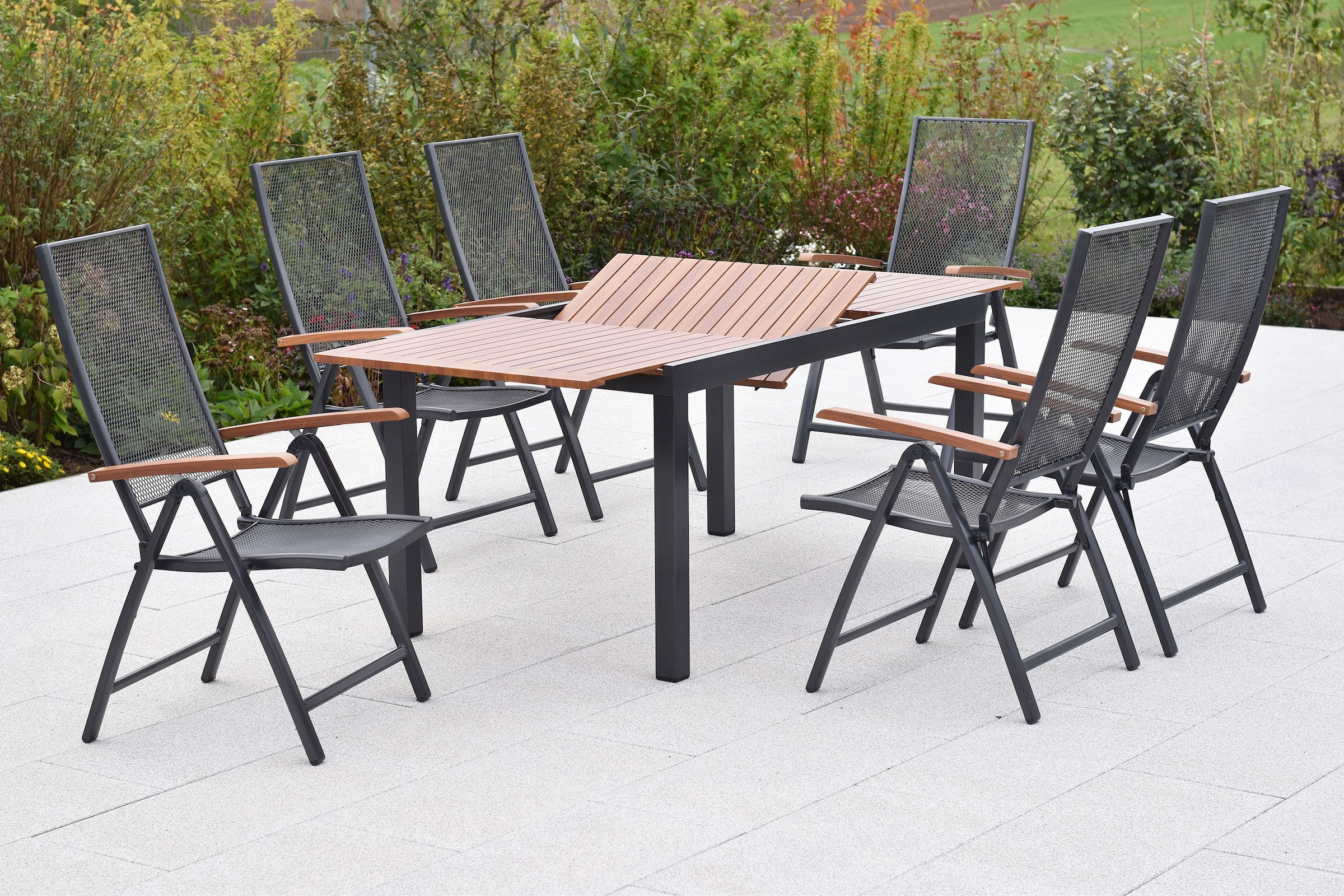 MERXX Garten-Essgruppe »»Thasos««, (Set, 7 tlg.), folierte Armlehnen und Tischplatte in Holzoptik