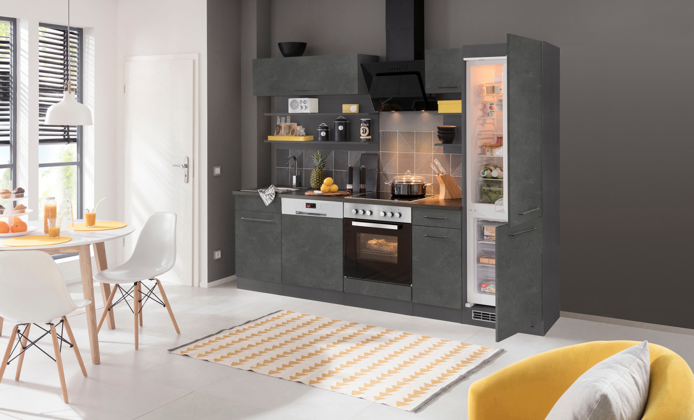 KOCHSTATION Küchenzeile »KS-Tulsa«, mit E-Geräten, Breite 270 cm, schwarze Metallgriffe, MDF Fronten