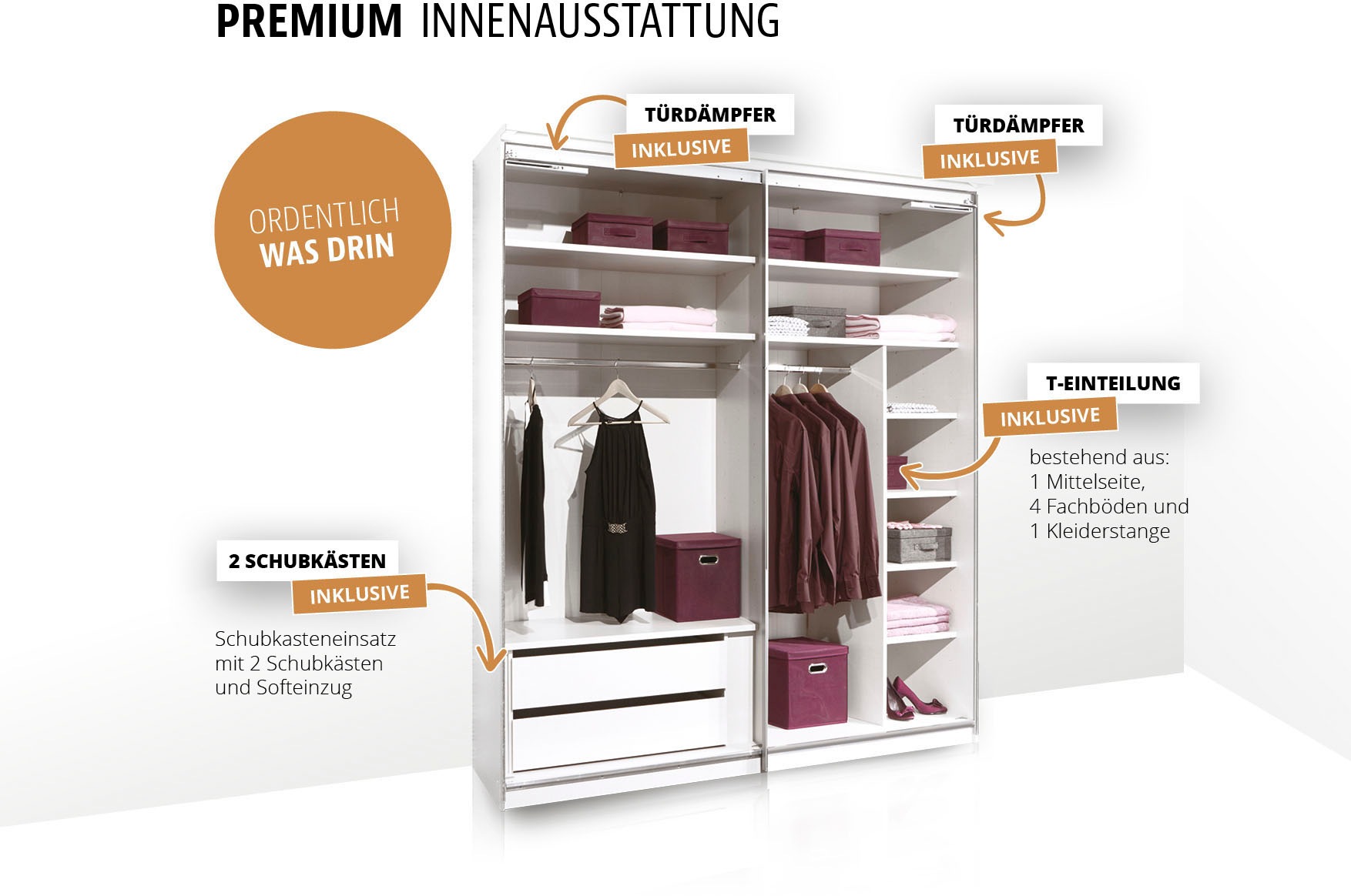 STAUD Schwebetürenschrank »Includo, Made in Germany«, Mit vier verschiedenen Ausstattungsvarianten