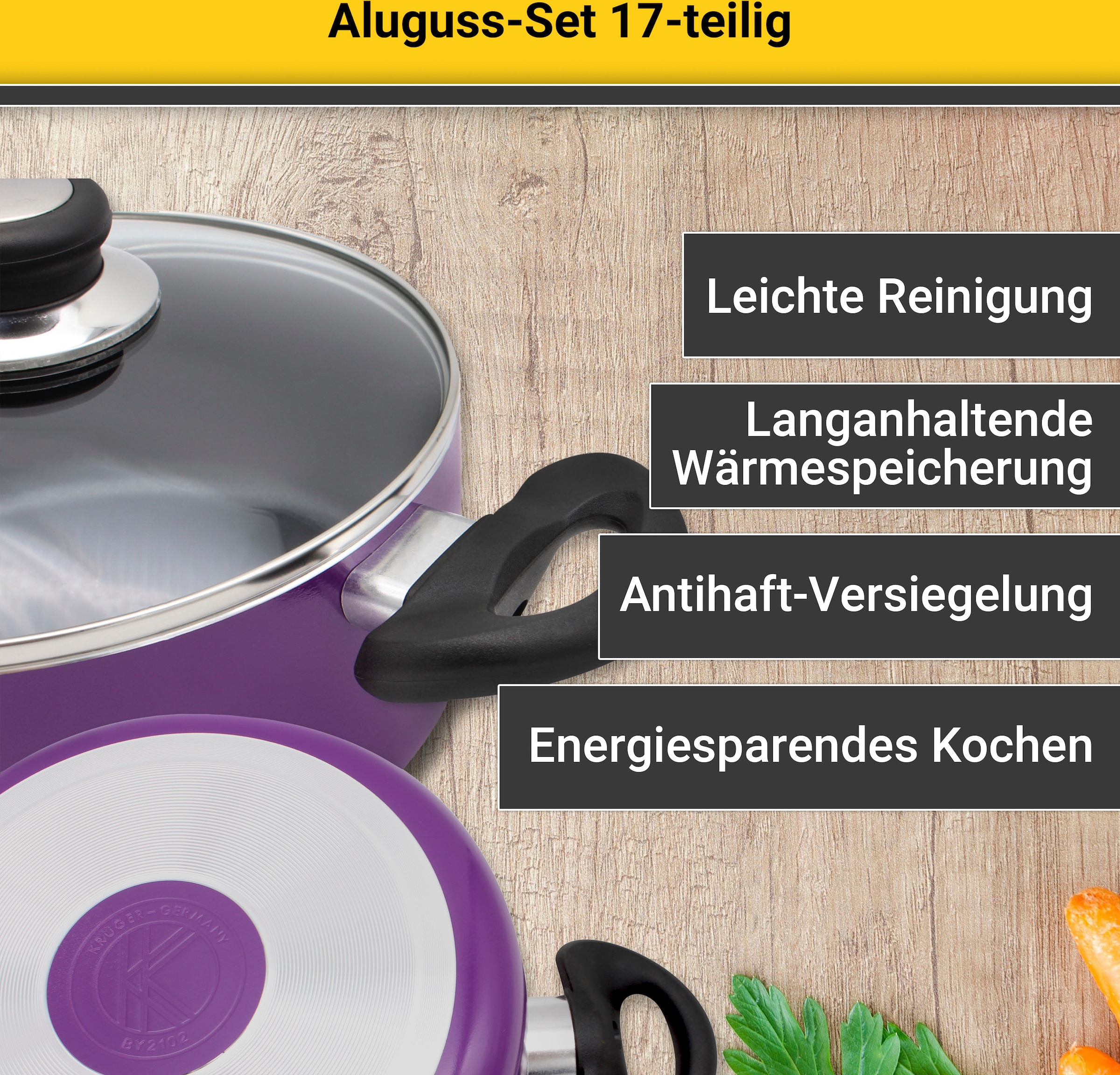 Krüger Topf-Set »Aluguss Topf- und Pfannenset inkl. praktischen Küchenhelfern, 17 tlg.«, Aluminiumguss, (Set, 17 tlg., Fleischtopf 16/18/20/24cm, Stieltopf 16cm Steakpfanne 7 T.Küchenhelfer), inkl. 7-tlg. Küchenhelfer-Set