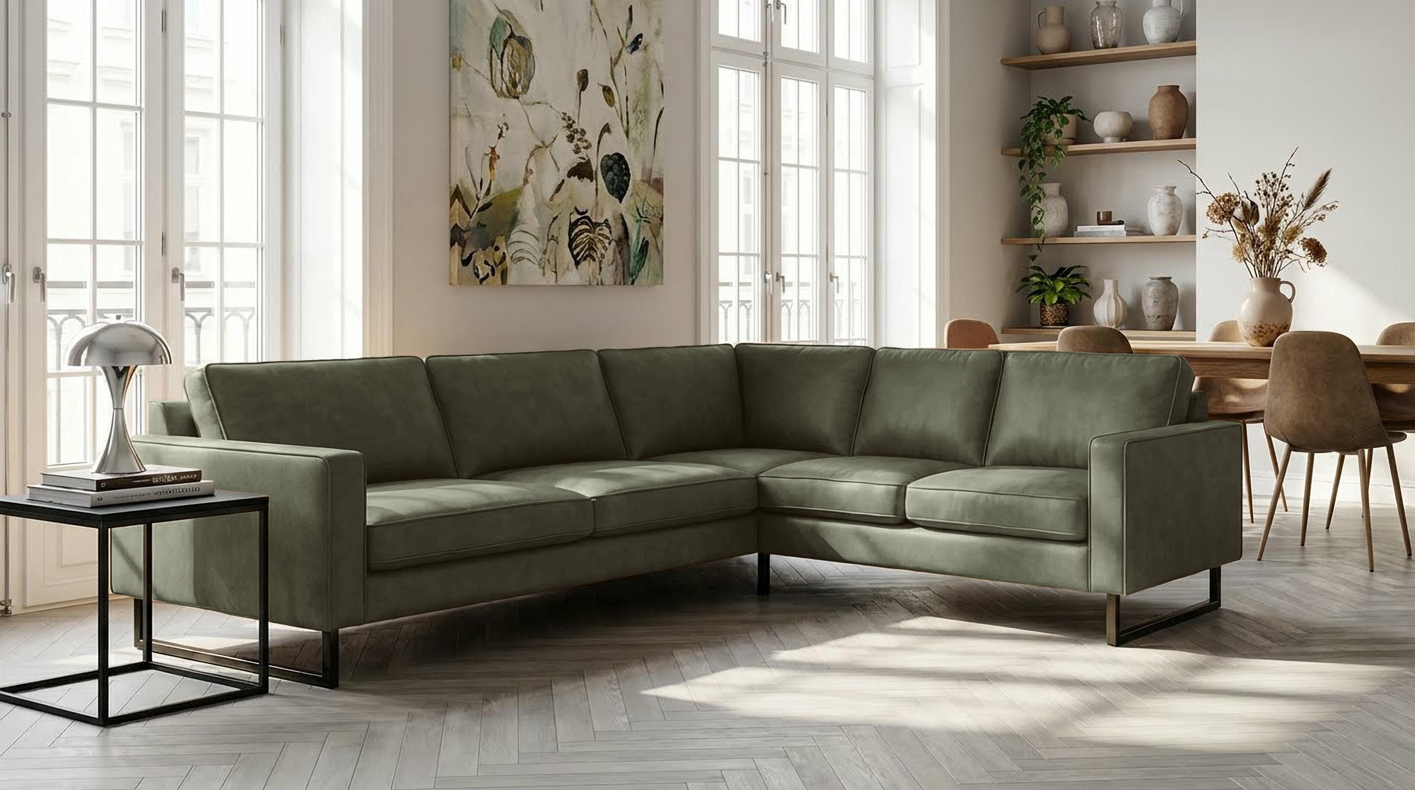 OTTO home Ecksofa "Pinto, XXL, 250/290 cm, langer Schenkel, Ottomane" Cord, Chenille, Lederoptik, mit Keder, Metallfüße, Wellenunterfederung