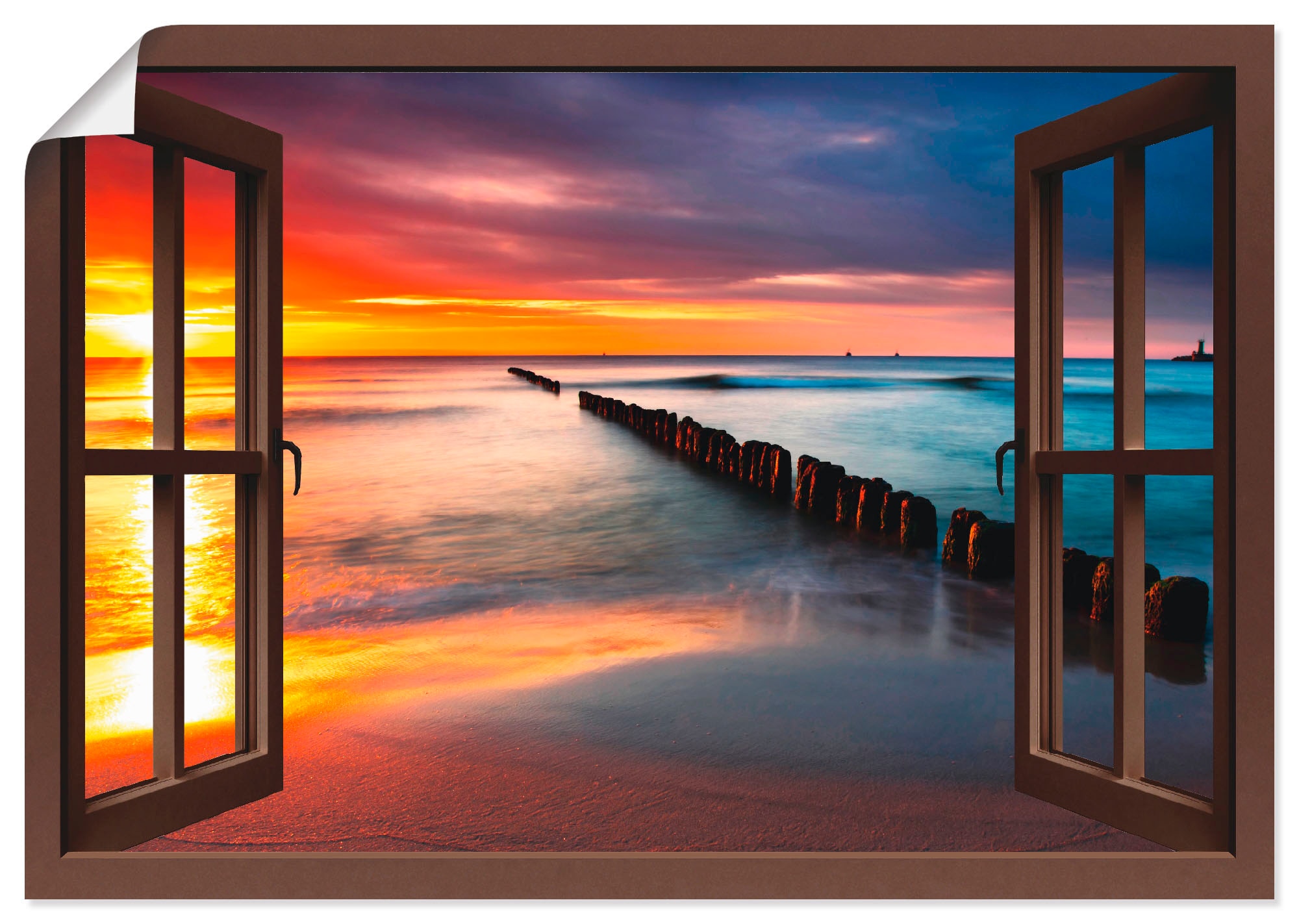 Artland Wandbild "Fensterblick Ostsee mit Sonnenaufgang", Fensterblick, (1 St.), als Leinwandbild, Poster, Wandaufkleber