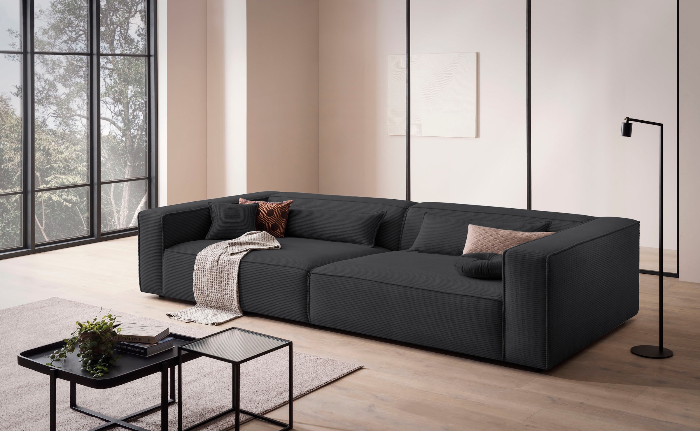 LeGer Home by Lena Gercke 3-Sitzer "PIARA XXL Cord, Sofa mit Kedernaht" schwarze Füße, bequemer Sitzkomfort, extra tiefe Sitzfläche