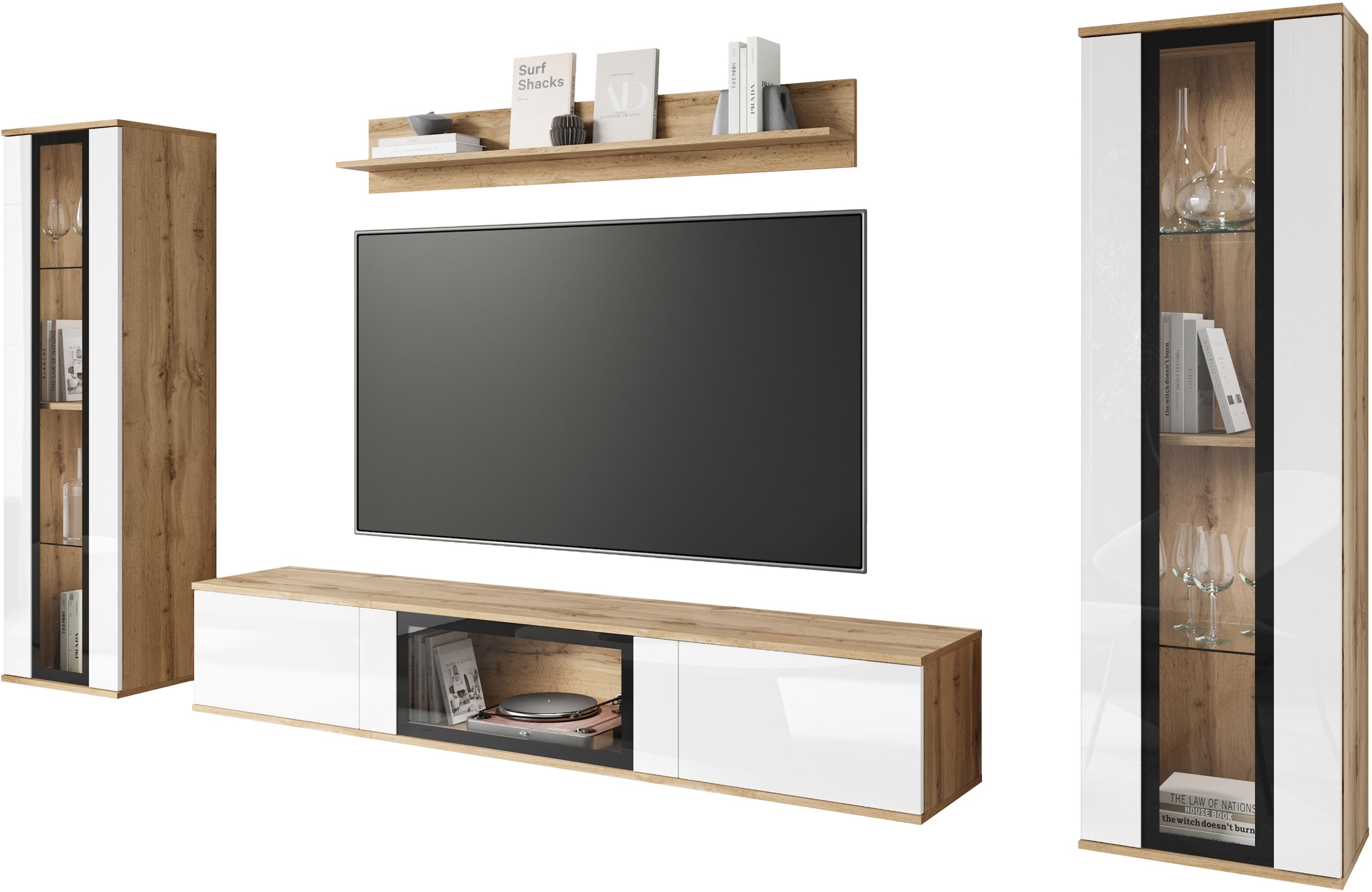 INOSIGN Wohnwand »Caro, stehend und hängend montierbar«, (Komplett-Set, 4 St., Vitrine Türanschlag links/rechts wechselbar), grifflose Design, höhenverstellbare Einlegeböden