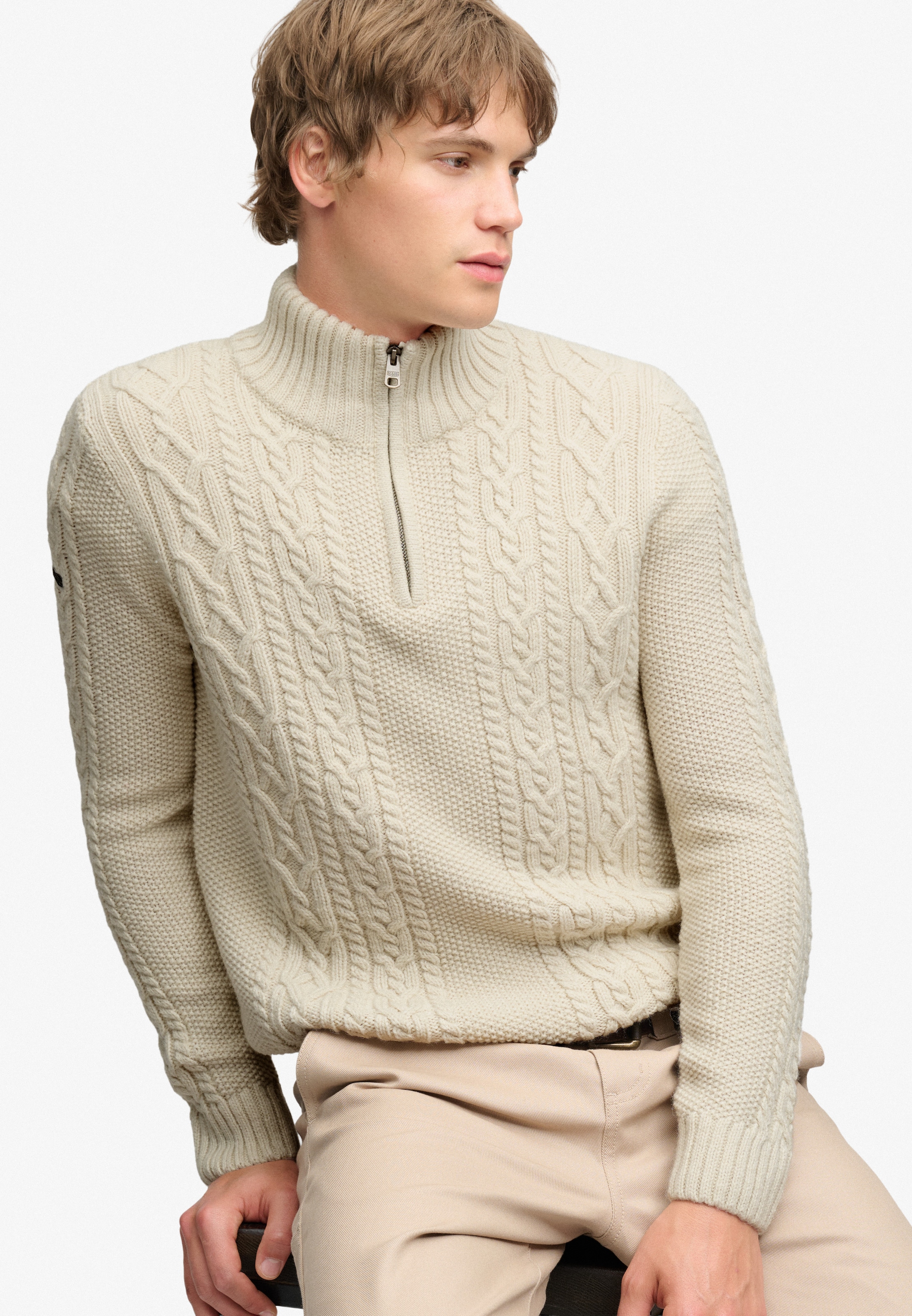 Superdry Strickpullover »JACOB CABLE HALF ZIP KNIT« Materialmix, slim fit