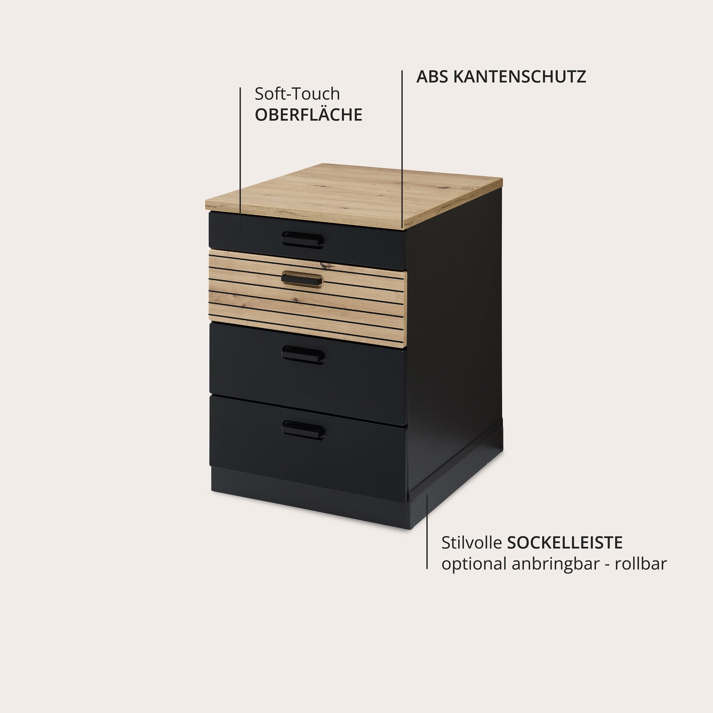 Innostyle Rollcontainer »Nachtkommode Glenn, 45 x 66 x 55 cm (B/H/T)«, (1 St.), inkl. Filzeinlage, 4 Rollen (2 mit Bremsen) oder Sockel, SK Soft-Close