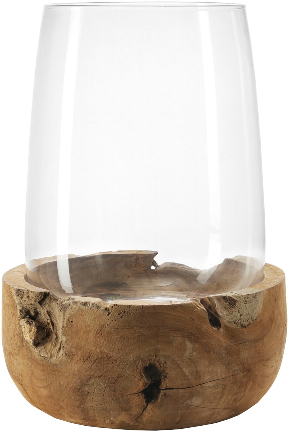 LEONARDO Windlicht »Kerzenhalter TERRA, mit Teaksockel, für Stumpenkerzen«, (1 St.), aus Glas und Holz, Höhe ca. 45 cm