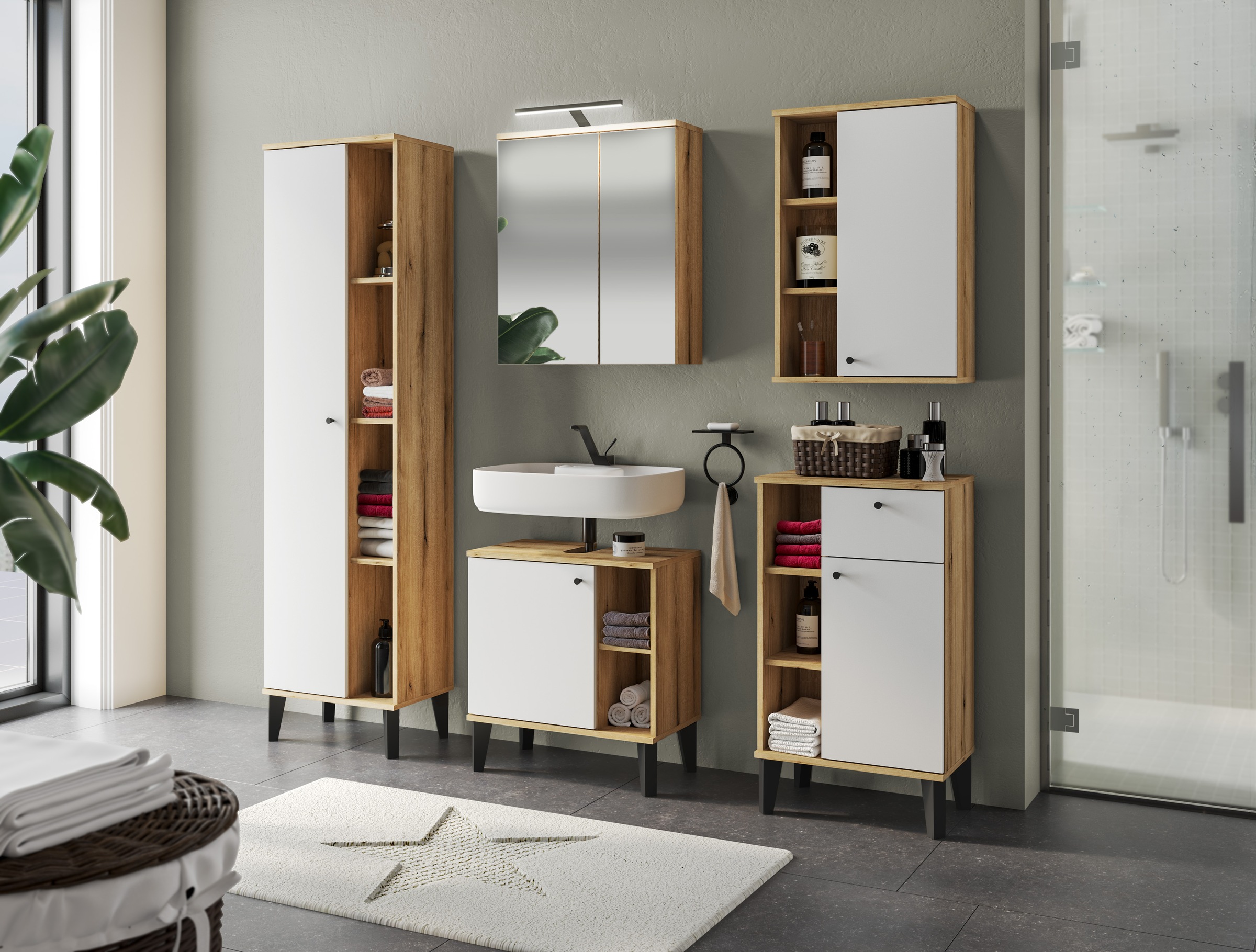 INOSIGN Badmöbel-Set »OSLO, Bad im skandinavischen Design, 5-teiliges Badezimmer«, (Set, 5 St.), Badschränke und Spiegel, in zwei Farben verfügbar, viel Stauraum