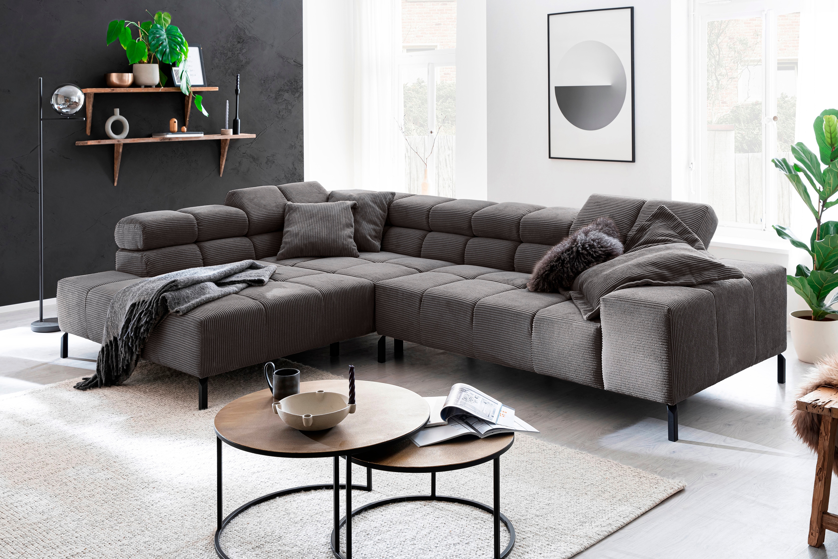 Home affaire Ecksofa "Ancona New, wahlweise motorische Sitztiefenverstellung, auch in Cord" feine Steppung, mit Kopfteilverstellung, 3 Zierkissen, L-Form
