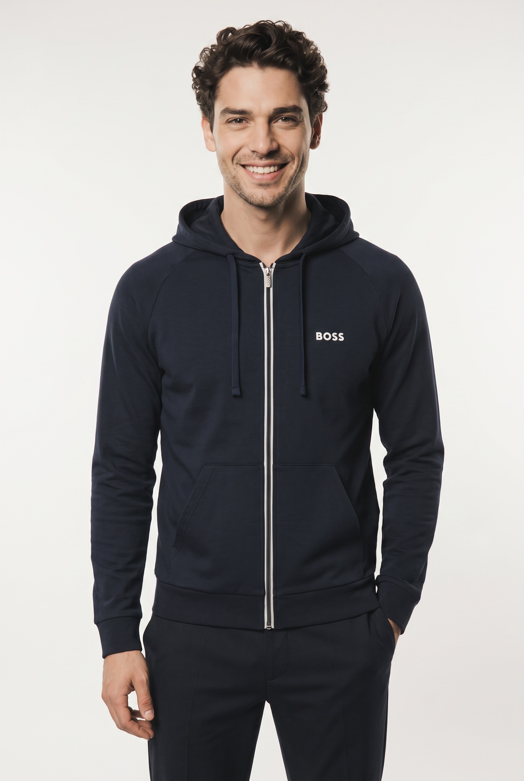BOSS Kapuzensweatjacke "Authentic" aus Baumwoll-Terry mit kontrastfarbenem Reißverschluss