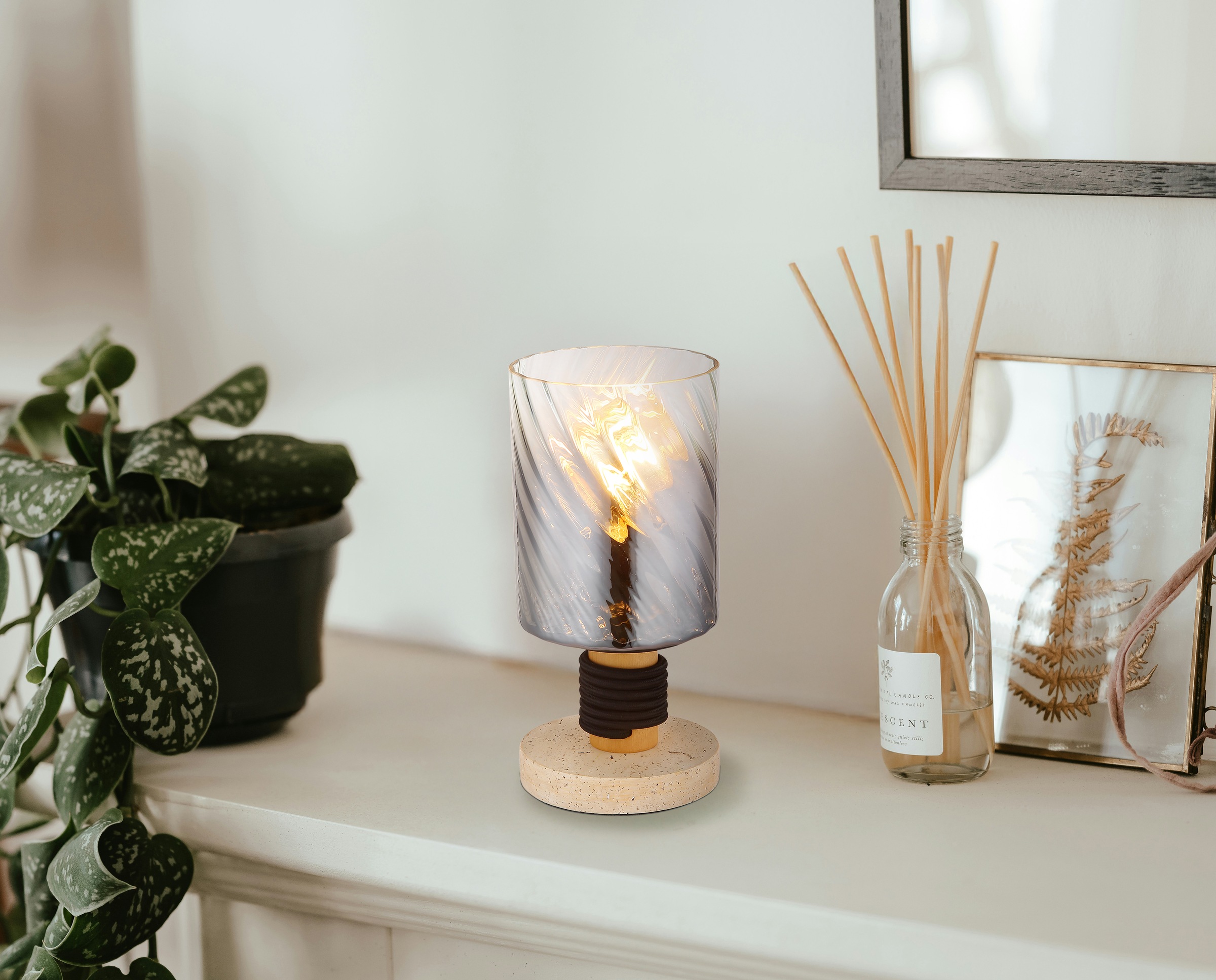 GLOBO LIGHTING Tischleuchte »OSBORNE« E27 1 Stk. Tischleuchte Beton/Holz, Rauchglas, Wippschalter, E27