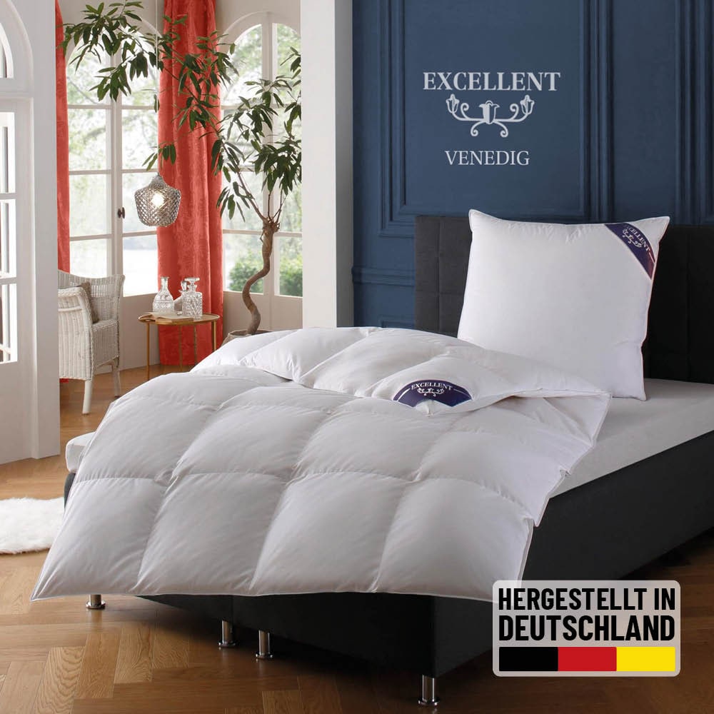 Excellent Daunenbettdecke »VENEDIG, Bettdecken für Sommer und Winter, Decke«, warm, Füllung 90% Daunen, 10% Federn, Bezug 100% Baumwolle, (1 St.), Bettdecke 135x200 cm, 155x220cm und weitere Größen, Made in Germany