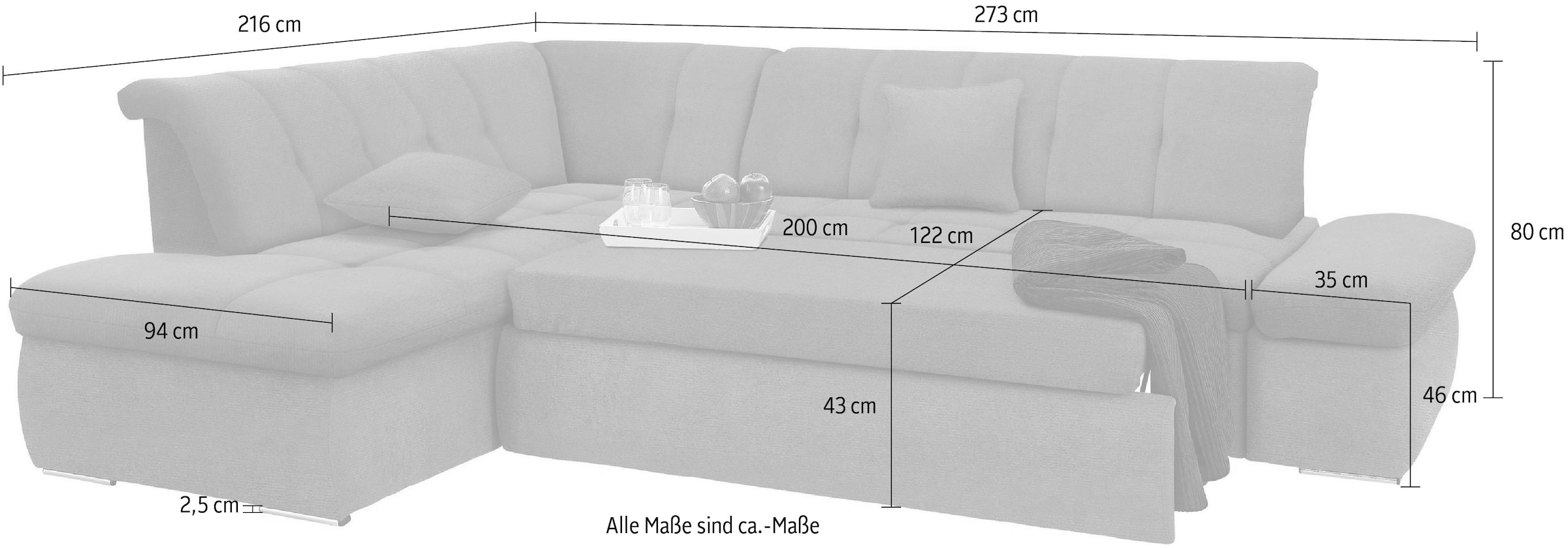DOMO collection Ecksofa »NMoric incl. Zierkissen B/T/H: 273/216/80 cm L-Form«, Ottomanen-Abschluss, wahlweise mit Bettfunktion und Armlehnverstellung