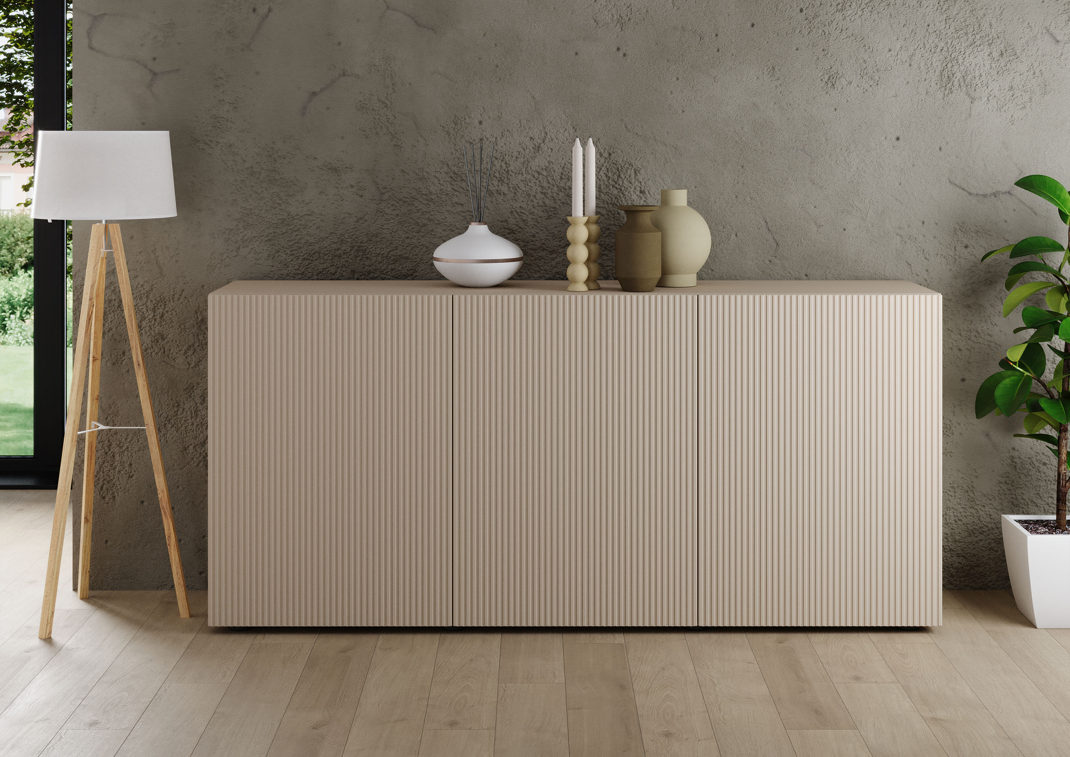 Home affaire "Rio Breite 181 cm, Kommode mit 3 Türen, Anrichte," geriffelte MDF-Fronten, modern u. elegant, viel Stauraum