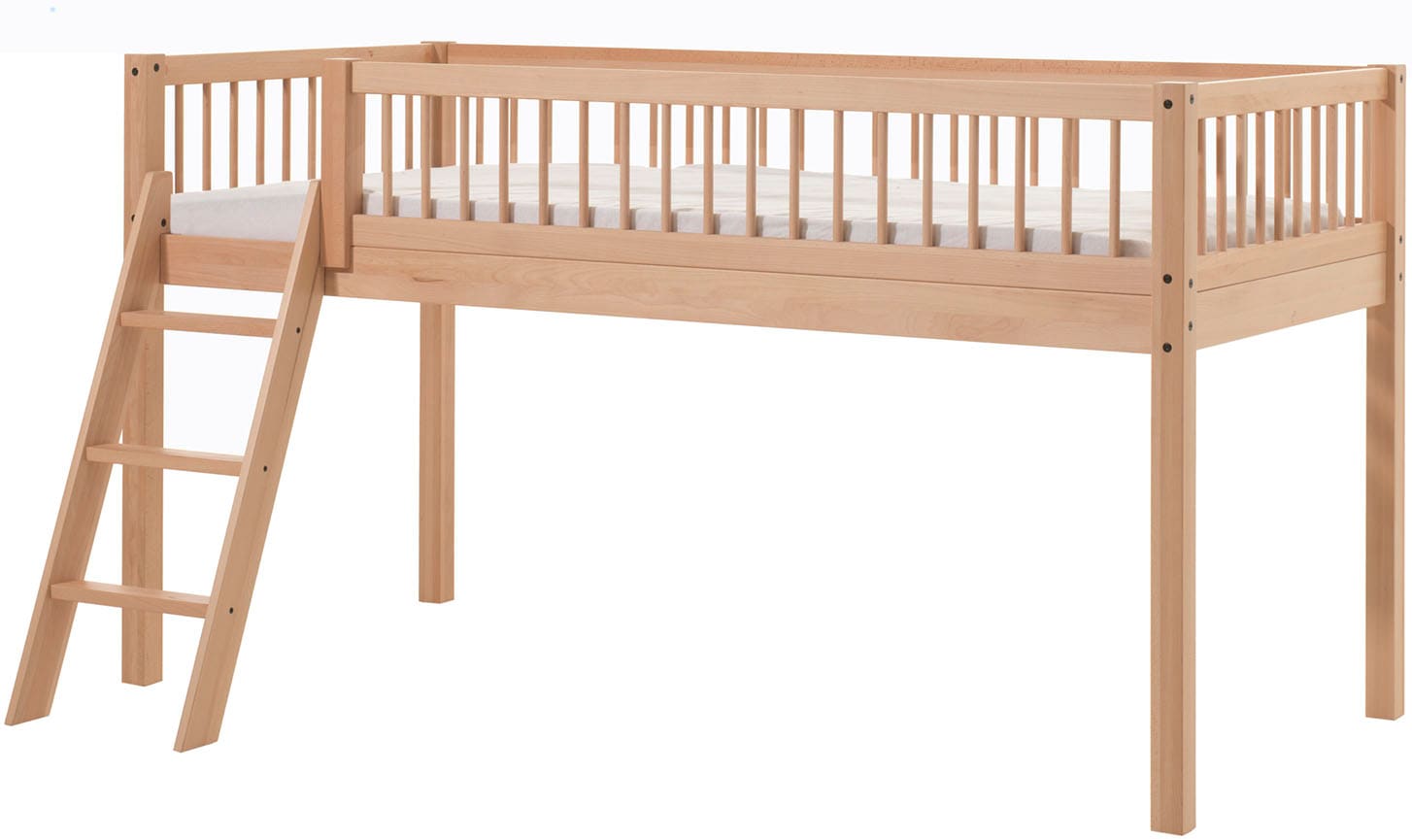 Vipack Spielbett "Forrest, Absturzschutz mit Sprossen-Optik, Pfostenstärken ca. 50x50mm" Buche natur lackiert, stabil und hochwertig gebaut, inkl. Lattenrost, 90/200 cm, inkl. Vorhang-Set 3-tlg., Spielbereich unter dem Bett
