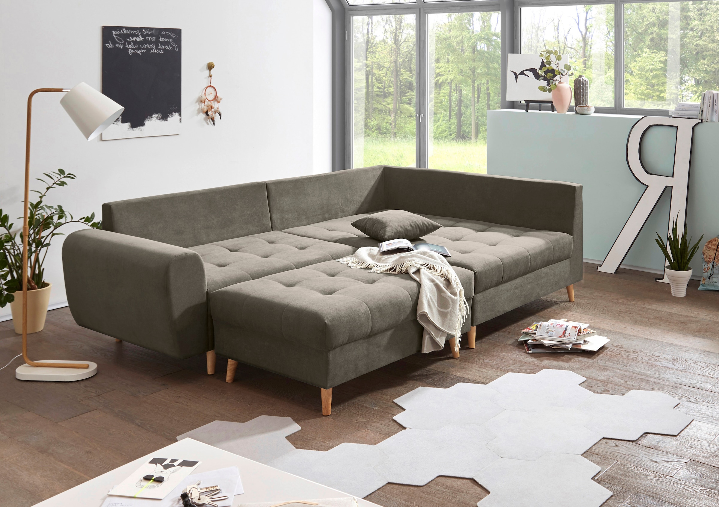 ED EXCITING DESIGN Ecksofa »Alice L-Form«, (Set), mit Hocker, Rückenkissen, Zierkissen, frei im Raum stellbar