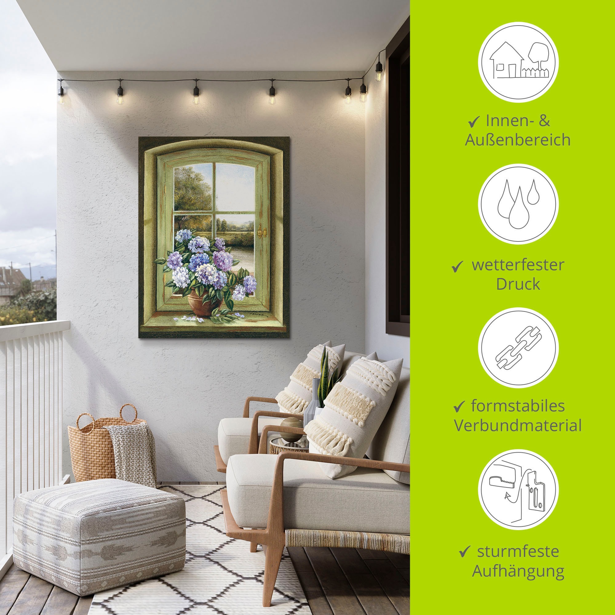 Artland Wandbild »Hortensien am Fenster«, Arrangements, (1 St.), als Alubild, Outdoorbild, Leinwandbild, Poster, Wandaufkleber