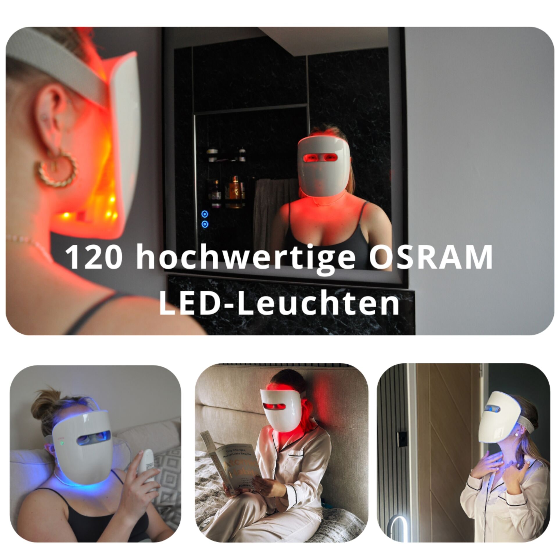 TensCare Gesichtsmassagegerät »Glowmask Gesichtsmakse mit LED«, (5 tlg., LED Maske inkl. Fernbedienung, USB-Ladekabel und Reisetasche), Drei Lichtarten für gezielte Hautpflege