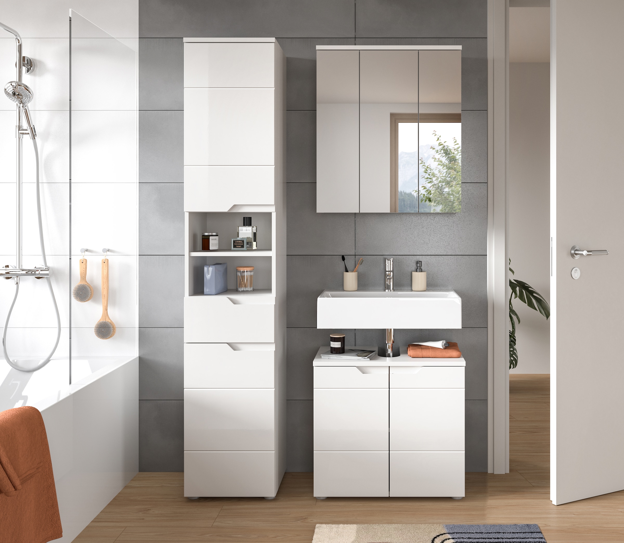 INOSIGN Badmöbel-Set »CAPRI, 3-teilig, mit eingefasster Griffmulde, bestehend aus:«, Hochschrank, Waschbeckenunterschrank und Spiegelschrank