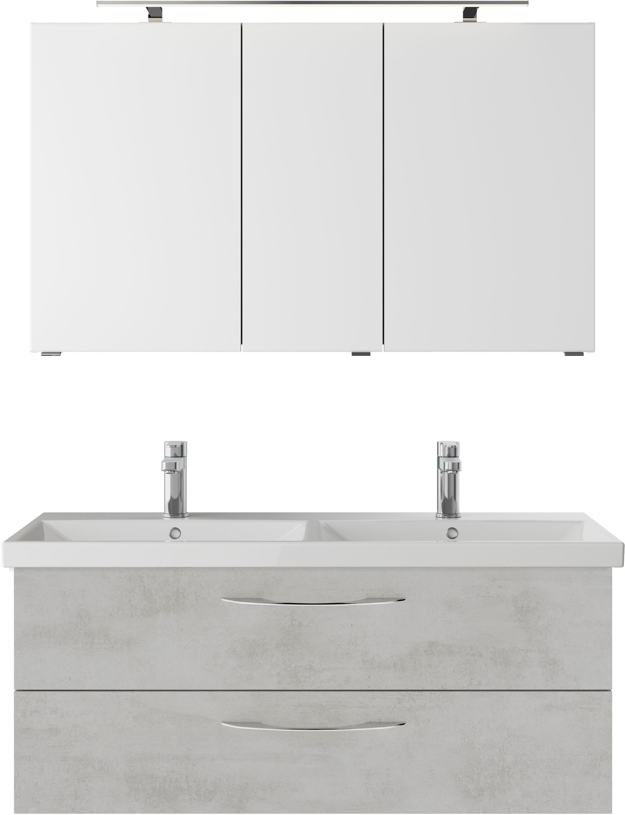 Saphir Badmöbel-Set »Serie 4035 2-teilig, Keramik-Doppelwaschtisch mit LED-Spiegelschrank«, (Set), Doppel-Waschplatz inkl Türdämpfer, 120 cm breit, 2 Schubladen, 3 Türen