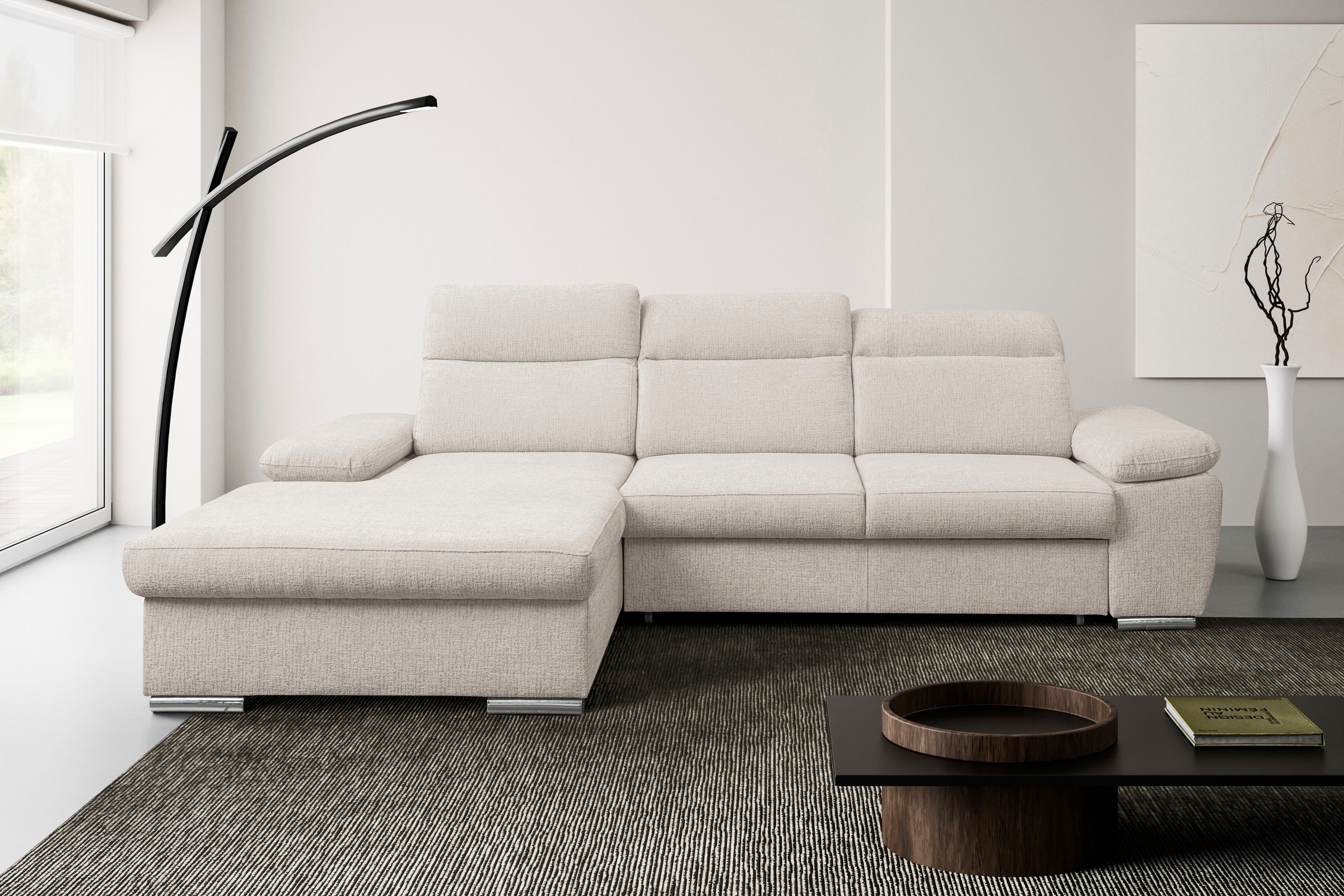 WERK2 Ecksofa "Palma 282 x 185 cm modern und bequem" Chenille, L-Form, XXL, Schlaffunktion, Bettkasten