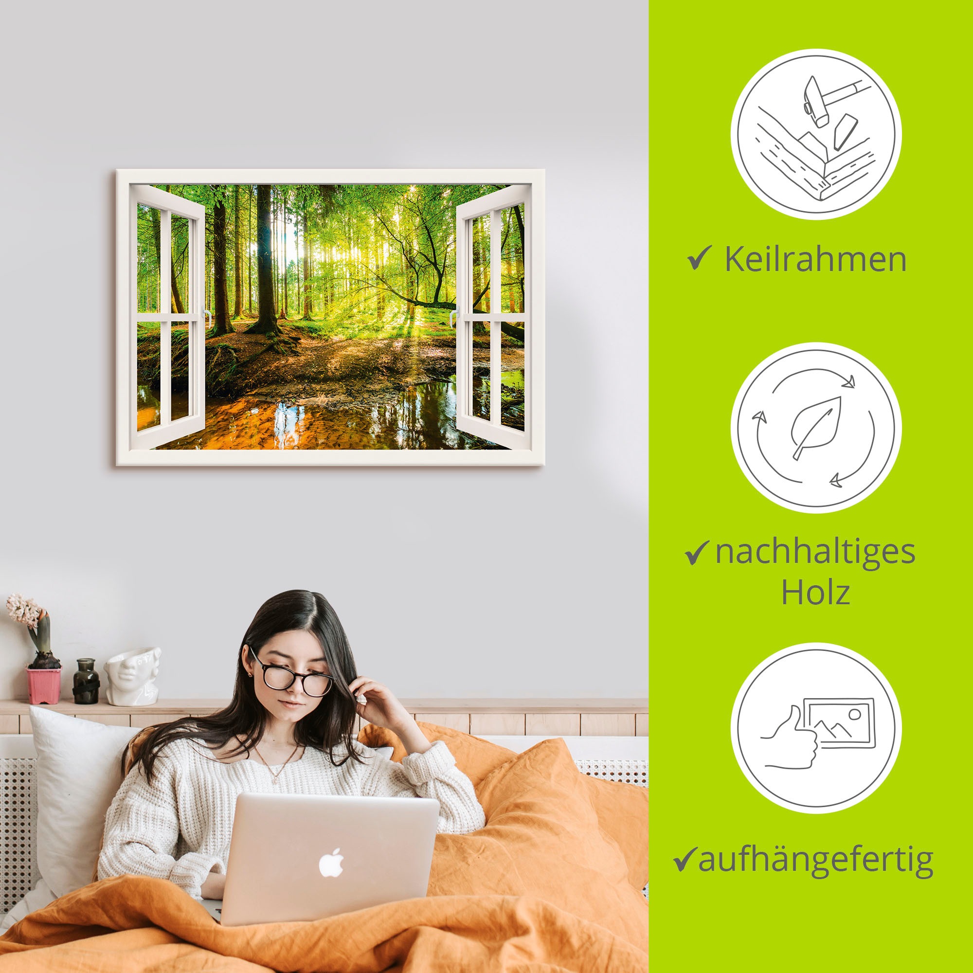 Artland Wandbild "Fensterblick - Wald mit Bach" Wald 1 Stk. tlg. als Leinwa günstig online kaufen