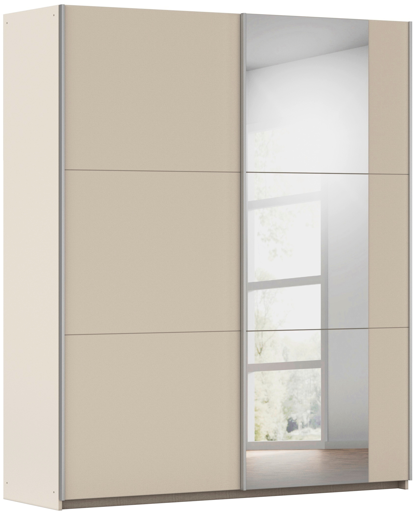 rauch Schwebetürenschrank "Kleiderschrank Drehtürenschrank Schrank Garderobe KRONACH" in 3 Ausstattungen BASIC/CLASSIC/PREMIUM, Breiten 131/175/218/261 cm, optional ohne, mit 1 oder 2 Spiegel, viel Stauraum MADE IN GERMANY