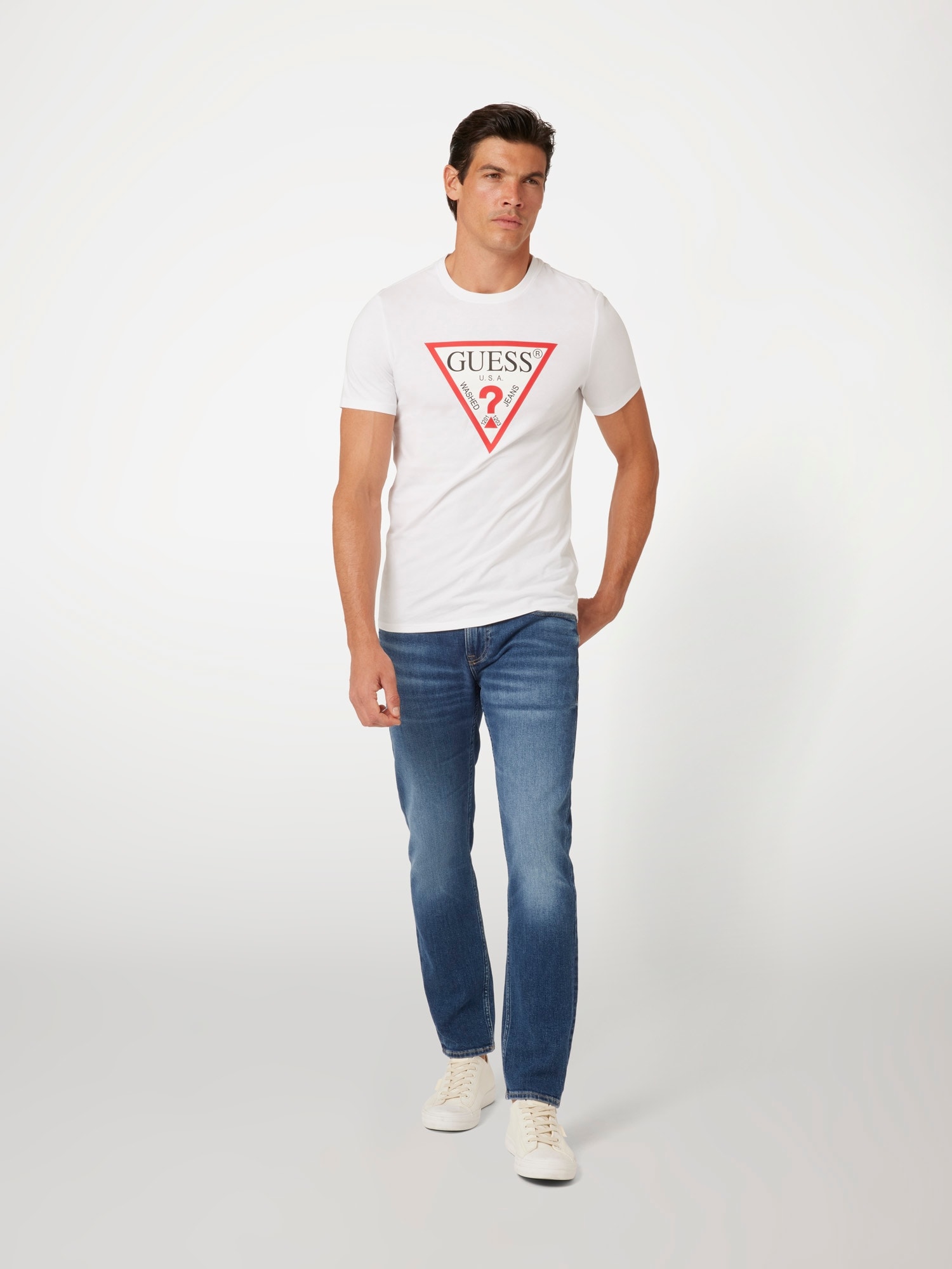 Guess T-Shirt »ORIGINAL LOGO« Rundhalsausschnitt, Slim Fit, reine Baumwolle