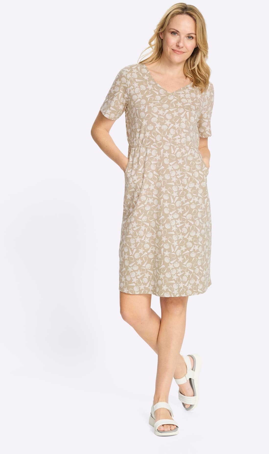 Sommerkleid CLASSIC BASICS "Kleid", Damen, Gr. 38, Normalgrößen, beige, ecru, bedruckt, 95% Baumwolle, 5% Elasthan, gemustert, mehrfarbig, knielang, V-Ausschnitt, Kleider Sommerkleid