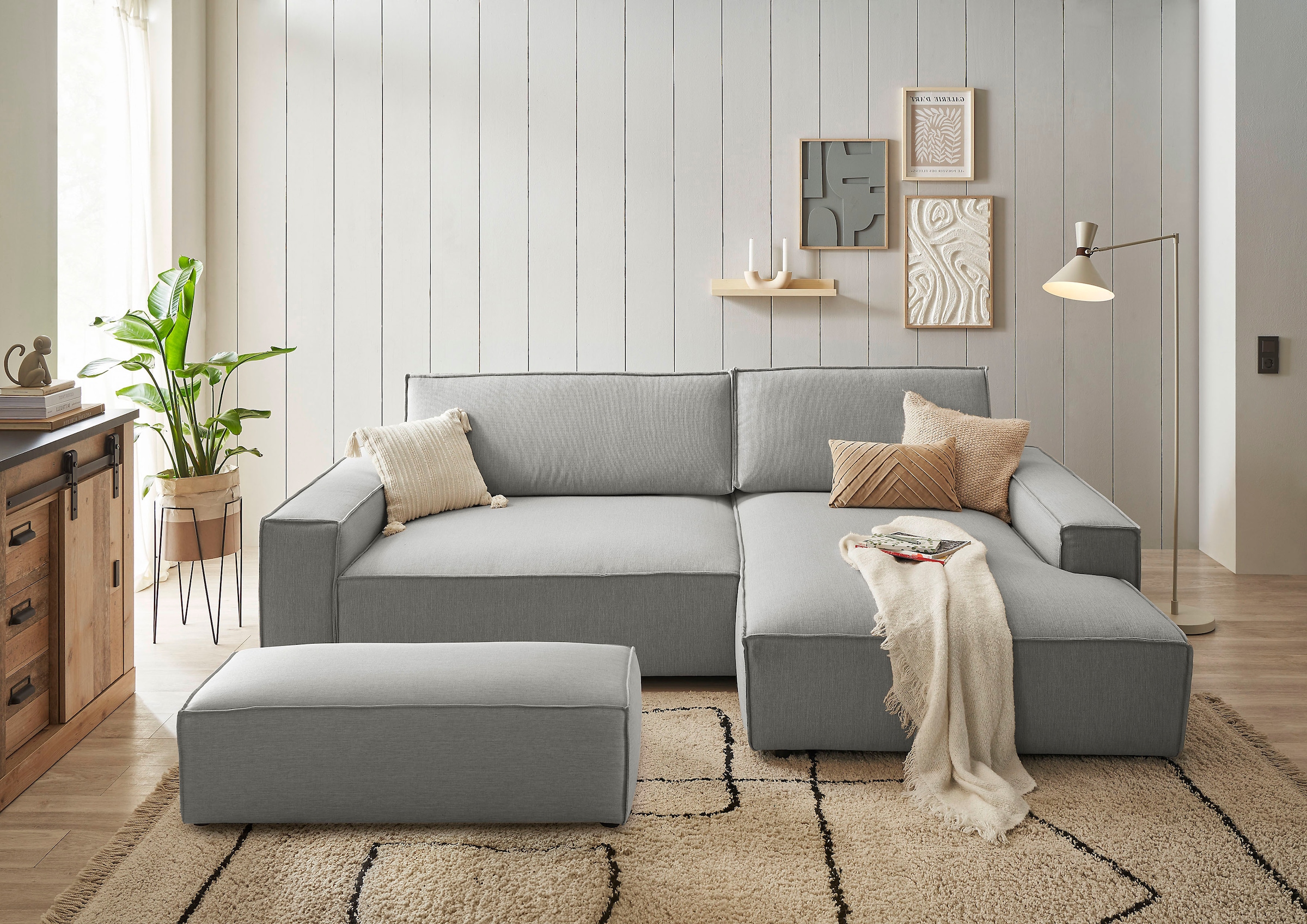 Home affaire Polsterecke »NEU: SHERWOOD XXL tief, L-Form mit Schlaffunktion, Big-Sofa mit Hocker«, (Set, 2 St.), stellbar zum Schlafsofa (Krokodilverbinder), Cord, Leinenoptik