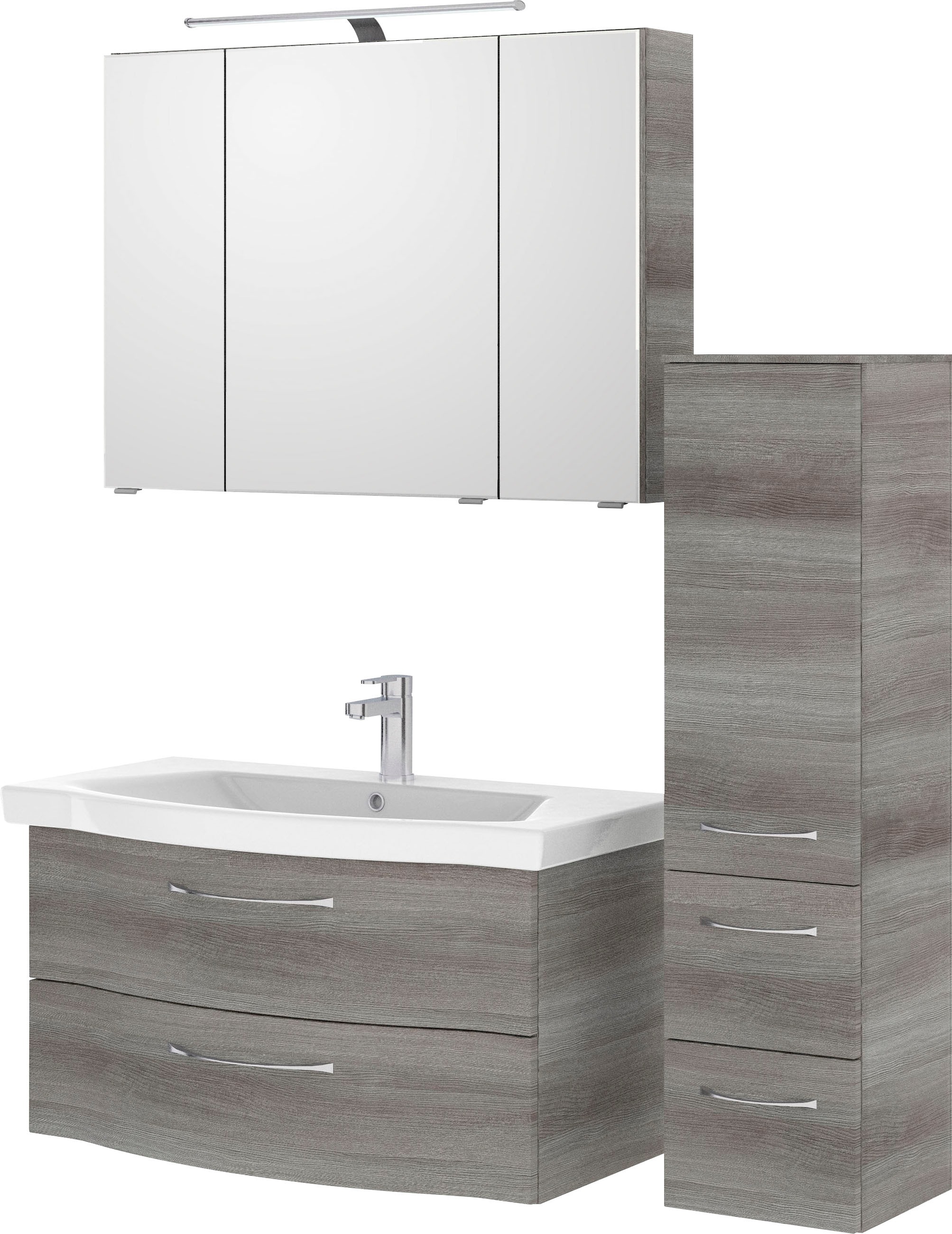 Saphir Badmöbel-Set »6005 Sprint 3-teilig, Keramik-Waschtisch mit LED-Spiegelschrank«, (4 St.), Midischrank, inkl. Türdämpfer, 4 Türen, 4 Schubladen, Bad-Set