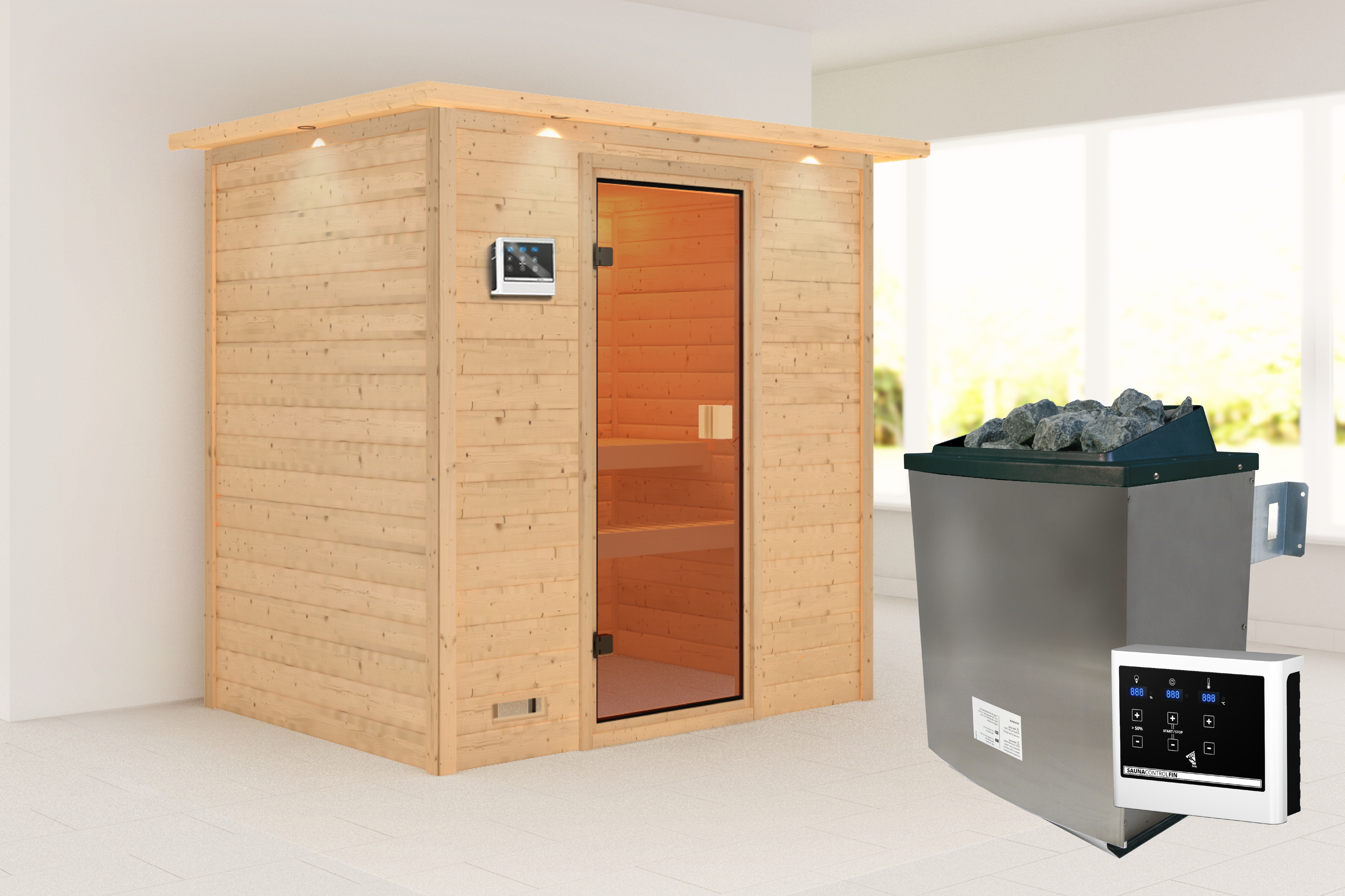 Karibu Sauna ""Sunie" mit bronzierter Tür und Kranz, naturbelassen, mit Ofen 9 kW" aus hochwertiger nordischer Fichte