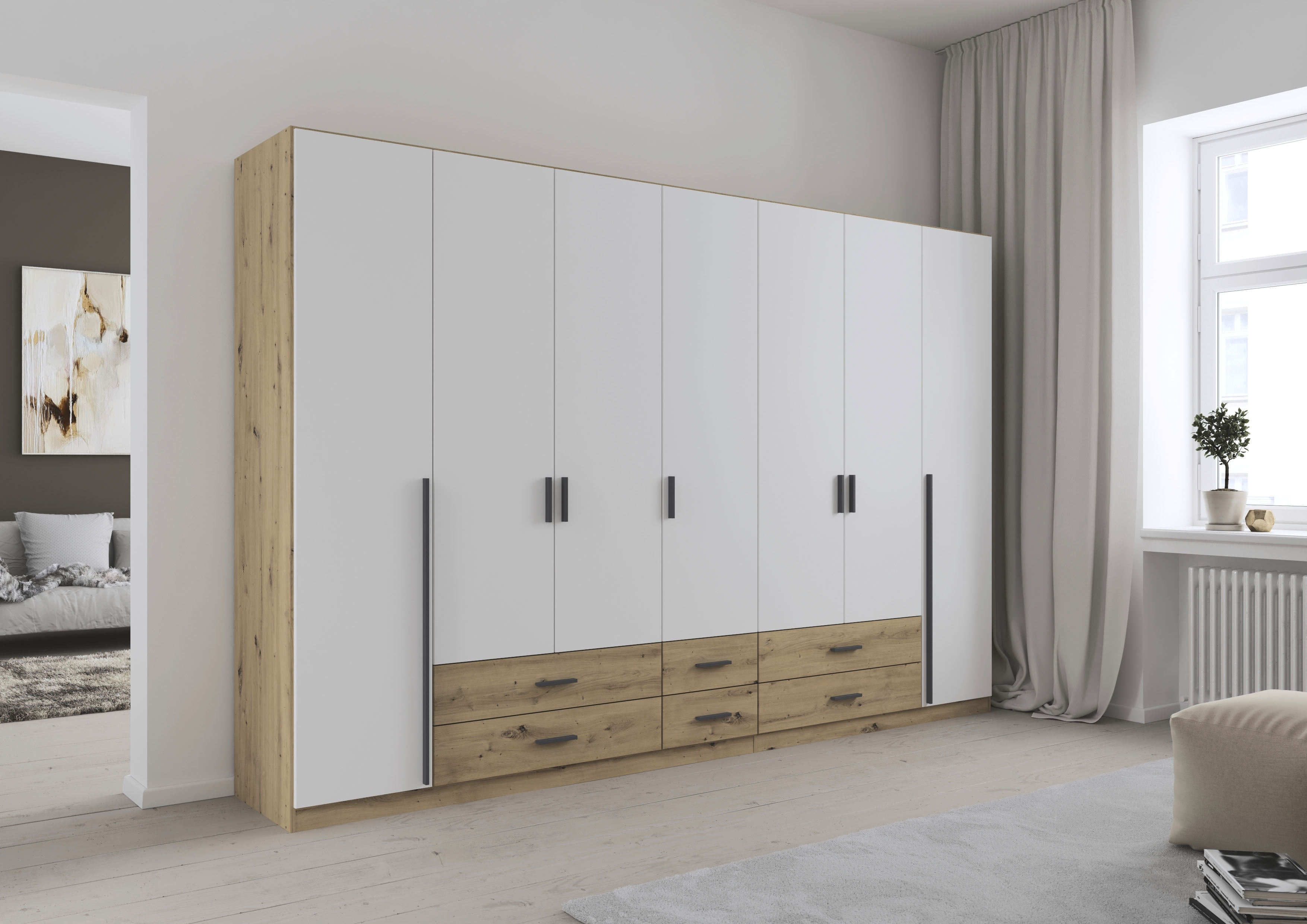 rauch Drehtürenschrank "Kleiderschrank Garderobe GAMMA Breiten 315 cm" in 3 Ausstattungen BASIC/CLASSIC/PREMIUM (inkl. SOFT-CLOSE-Funktion), mit Schubladen, verschiedene Griff-Varianten TOPSELLER MADE IN GERMANY