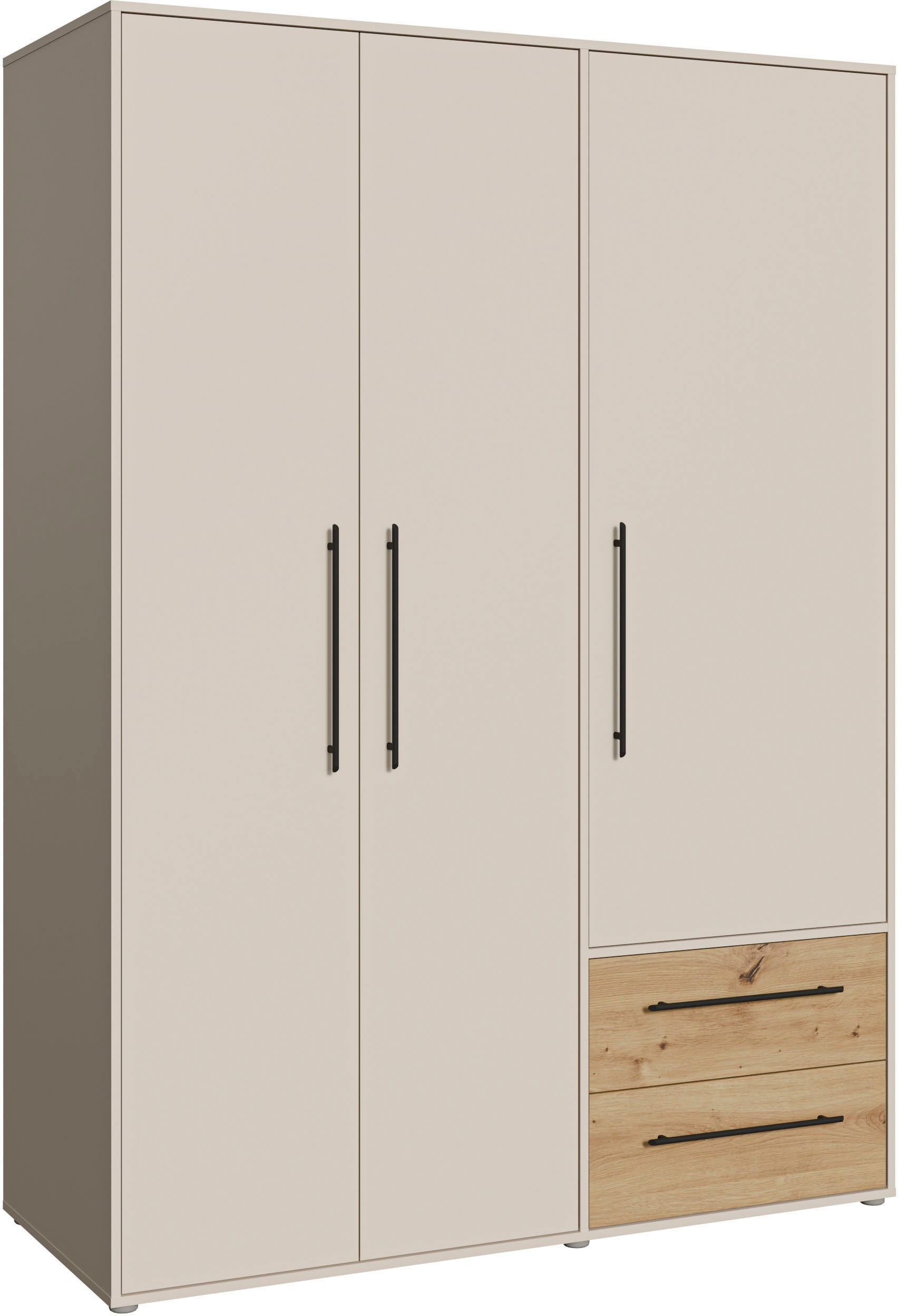 FORTE Kleiderschrank »Mokkaris , zeitloses Design, 3–4 Türen, Made in Europe« B/H/T ca. 145x200x59cm oder 206x200x59cm,  Schubladen + schwarze Stangengriffe, Made in Europe, viel Stauraum