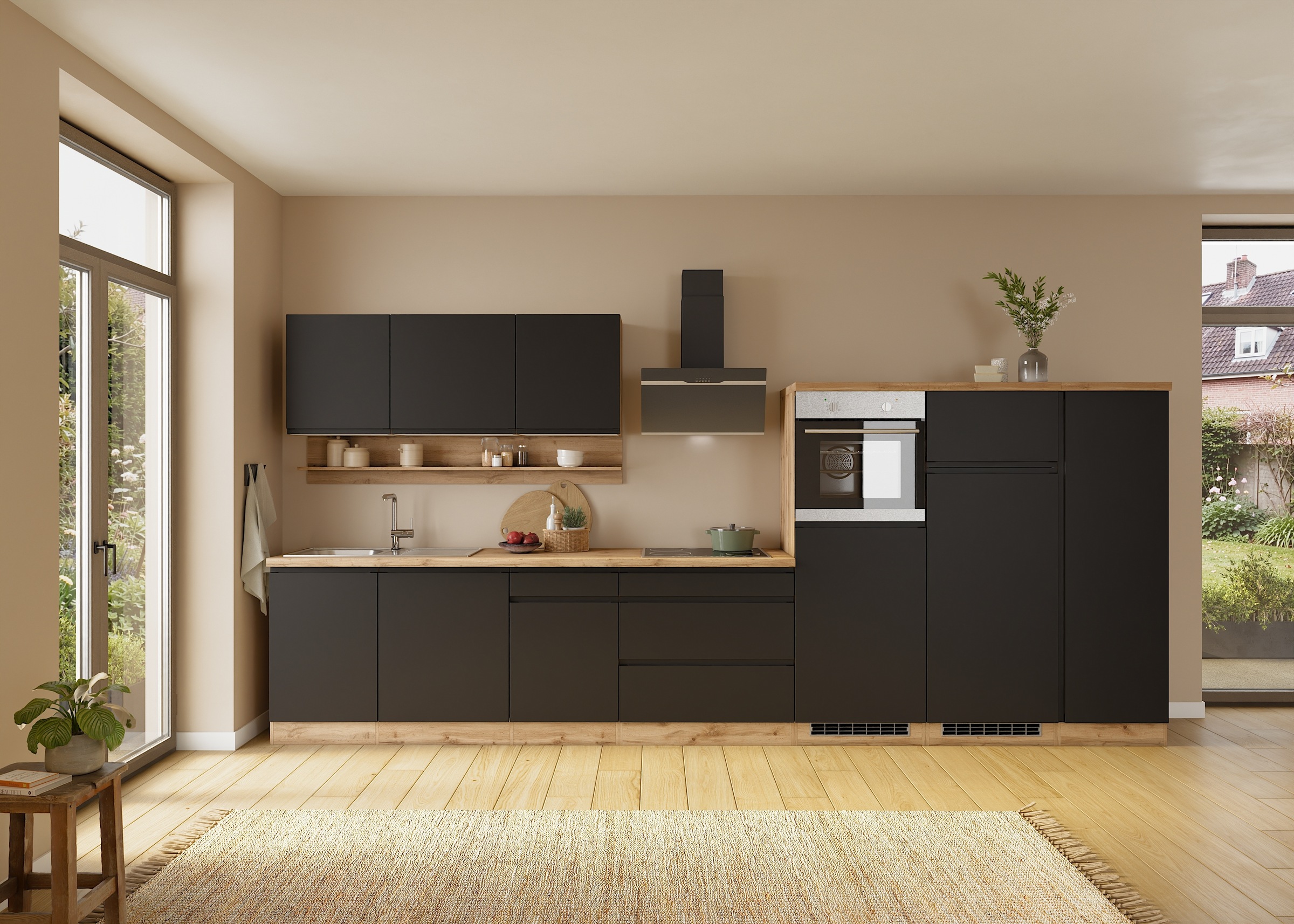 KOCHSTATION Küchenzeile "KS-Virginia,neu in verbesserter Ausführung" Arbeitsplatte 38 mm stark, Stauraum, Softclose, Breite 410 cm, Softclose, wahlweise mit E-Geräten und Induktion