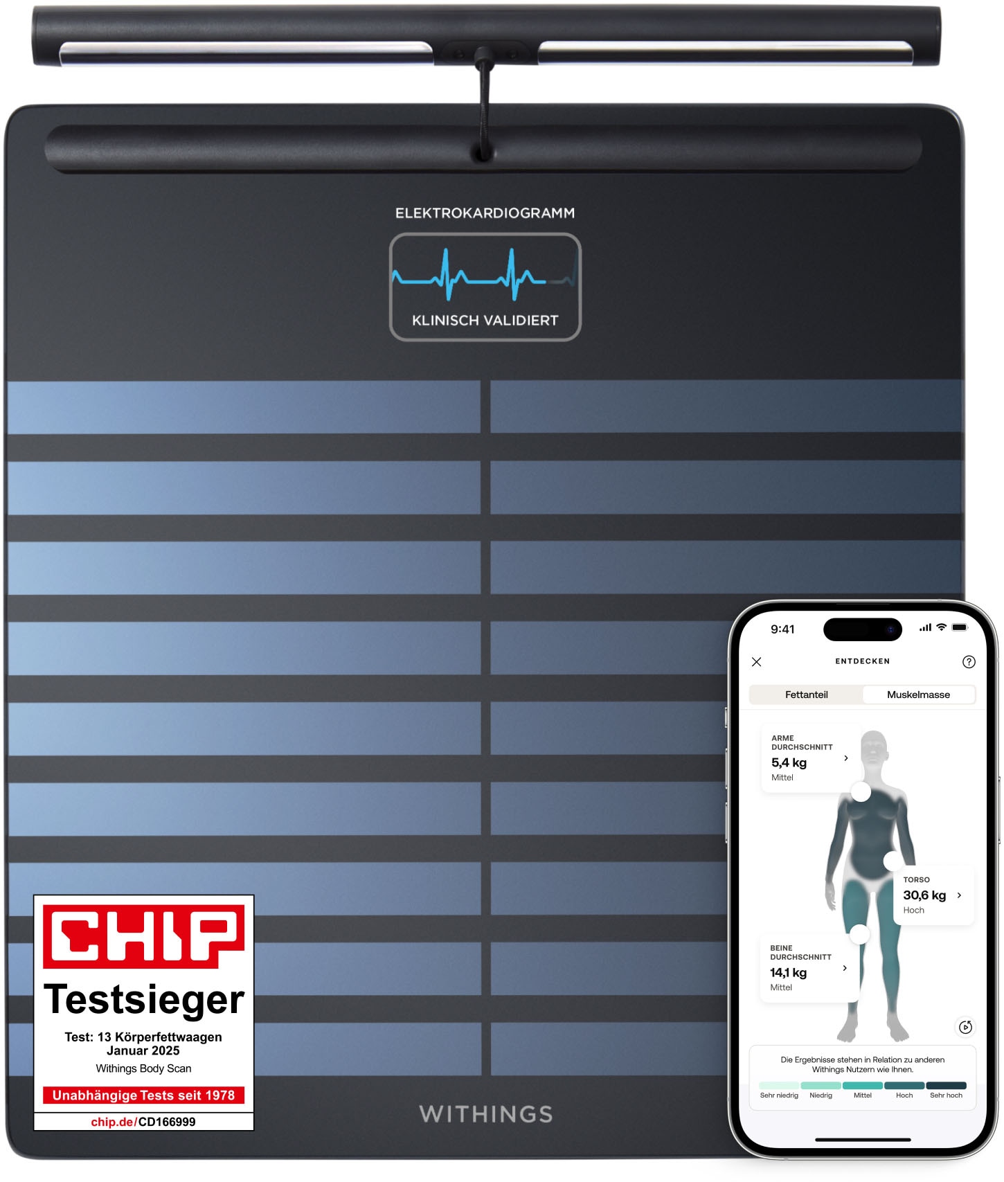Withings Personenwaage »Body Scan«, mit integriertem 6-Kanal-Elektrokardiogramm (EKG)
