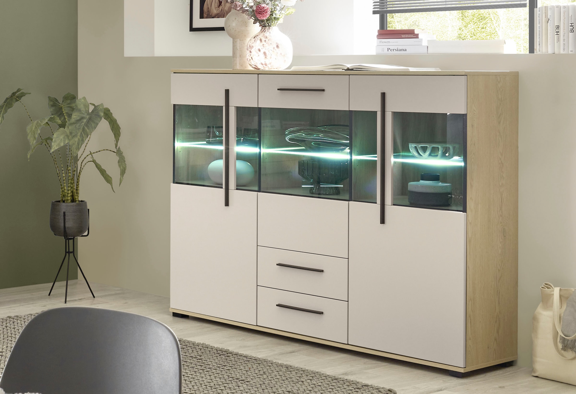 Home affaire Highboard »Cantara, moderner Schrank, Vitrine in Eiche Dekor, Weiß oder Kaschmir« schwarze Stangengriffe, ausreichend Stauraum, vielseitig einsetzbar
