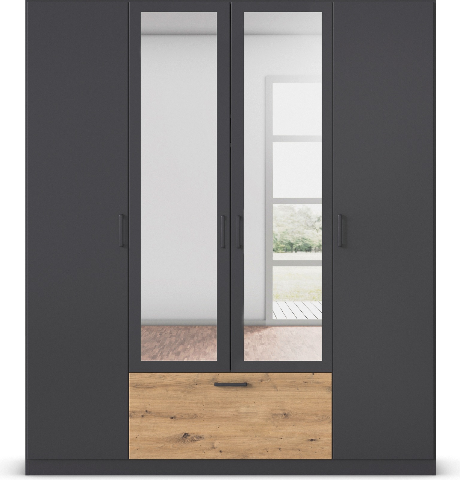 Thumbnail - rauch Drehtürenschrank "Kleiderschrank Schrank Garderobe Wäscheschrank BARI mit Spiegel" mit Schubasten mittig, moderner...