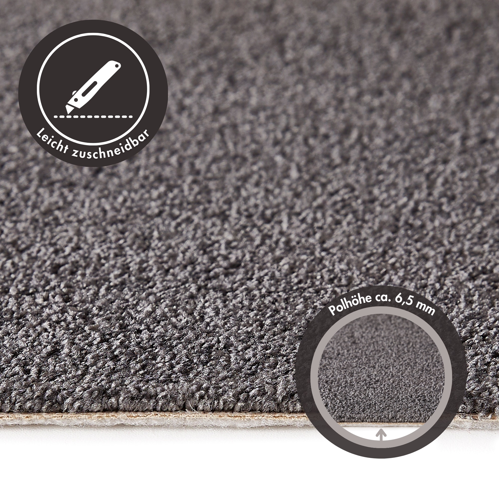 Teppichboden ANDIAMO "Verona, Velours, Gesamthöhe 6 mm, Made in Belgium", grau (anthrazit), B:500cm L:600cm, Kunstfaser, Teppiche, Uni Farben, Breite 400 cm oder 500 cm, strapazierfähig, pflegeleicht 2