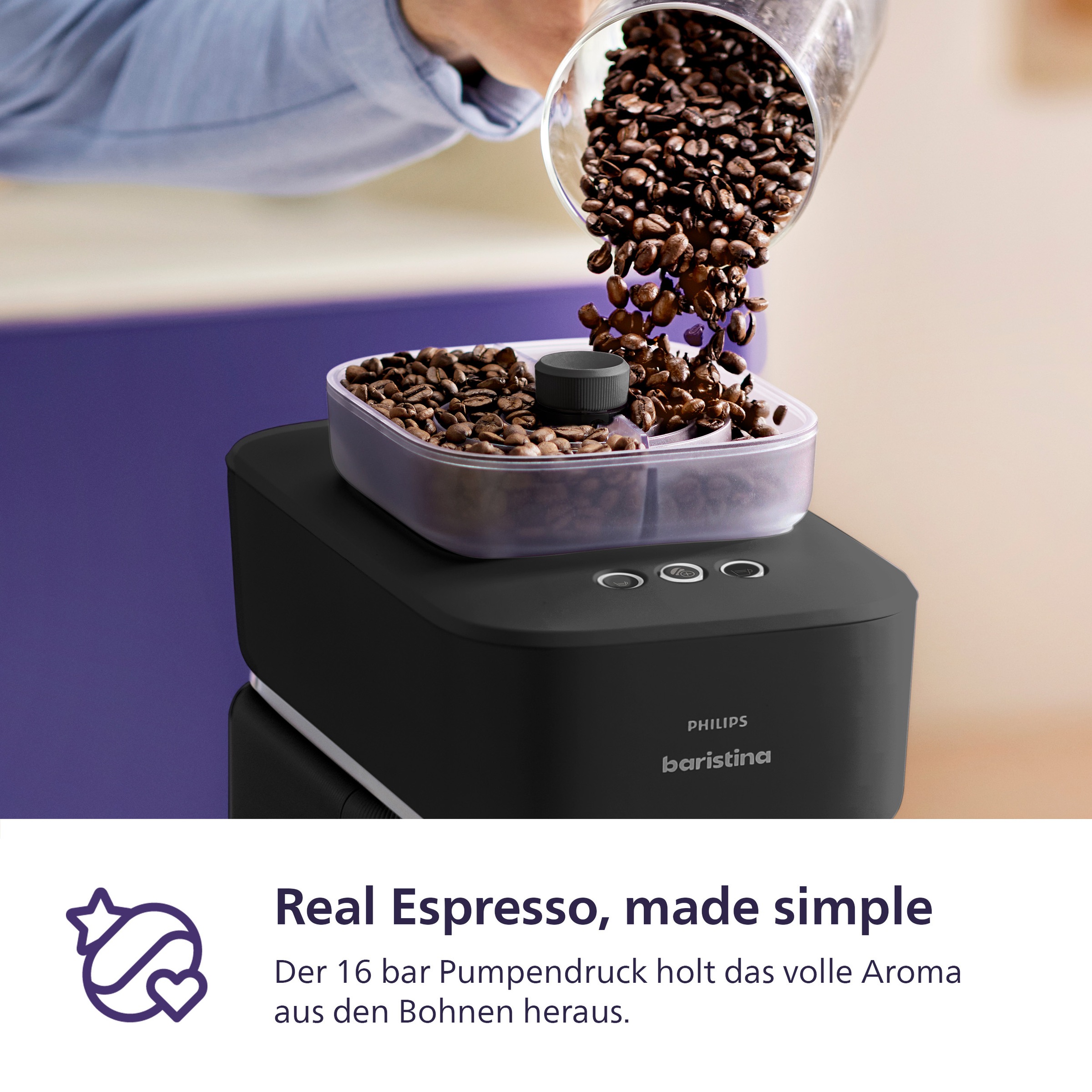 PHILIPS baristina Espressomaschine »mit Bean swap BAR320/60 mit Mahlwerk für ganze Bohnen«, Doppelter Bohnenbehälter, 16 bar Pumpendruck, Schwarzgrau