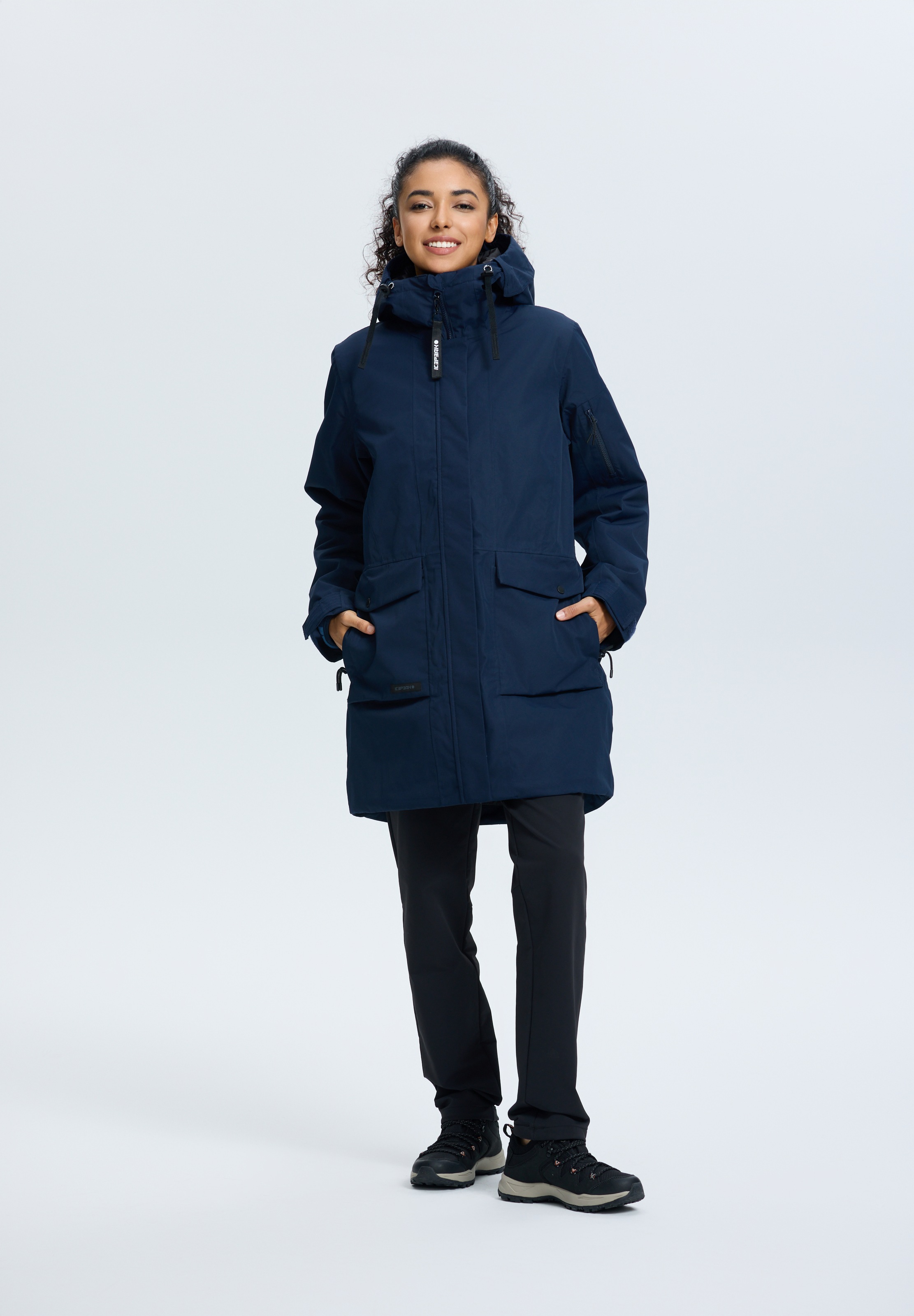 Funktionsparka ICEPEAK "ICEPEAK ALPENA", Damen, Gr. 38, blau (dunkelblau), Obermaterial: 100% Polyester, Jacken, für vielseitige Outdoor-Aktivitäten, winddicht, sportlicher Stil