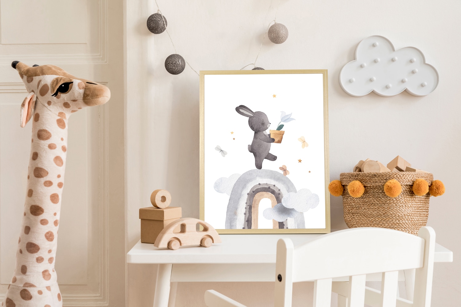 queence Bild mit Rahmen "Hase mit Blume" Bilder vom Sternenhimmel Haustiere Himmel Himmelsbilder Regenbogen Schmetterlinge Tiere Wolken 1 Stk. tlg. HD Premium Posterdruck mit Echtholzrahmen