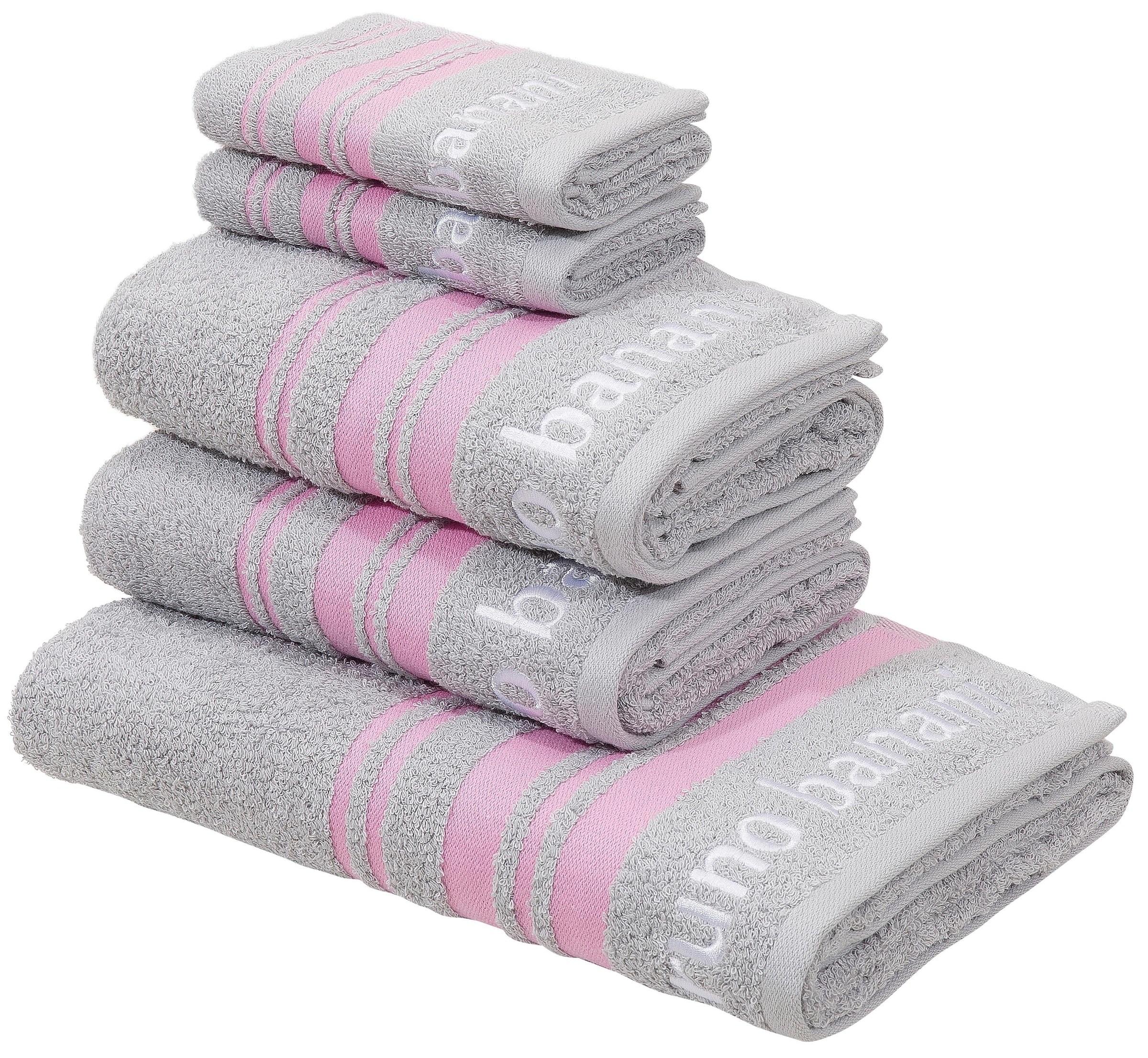 Bruno Banani Handtuch Set "Daniel, 1 Duschtuch 70x140, 2 Handtücher 50x100, 2 Gästetücher 30x50" Set 5 Walkfrottee Streifen-Bordüre & Markenlogo, weich, 100% Baumwolle
