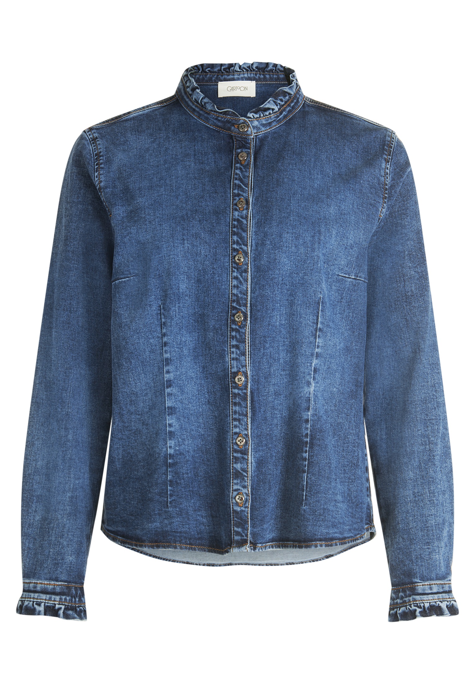 Cartoon Jeansbluse "Damen mit Rüschen" günstig online kaufen